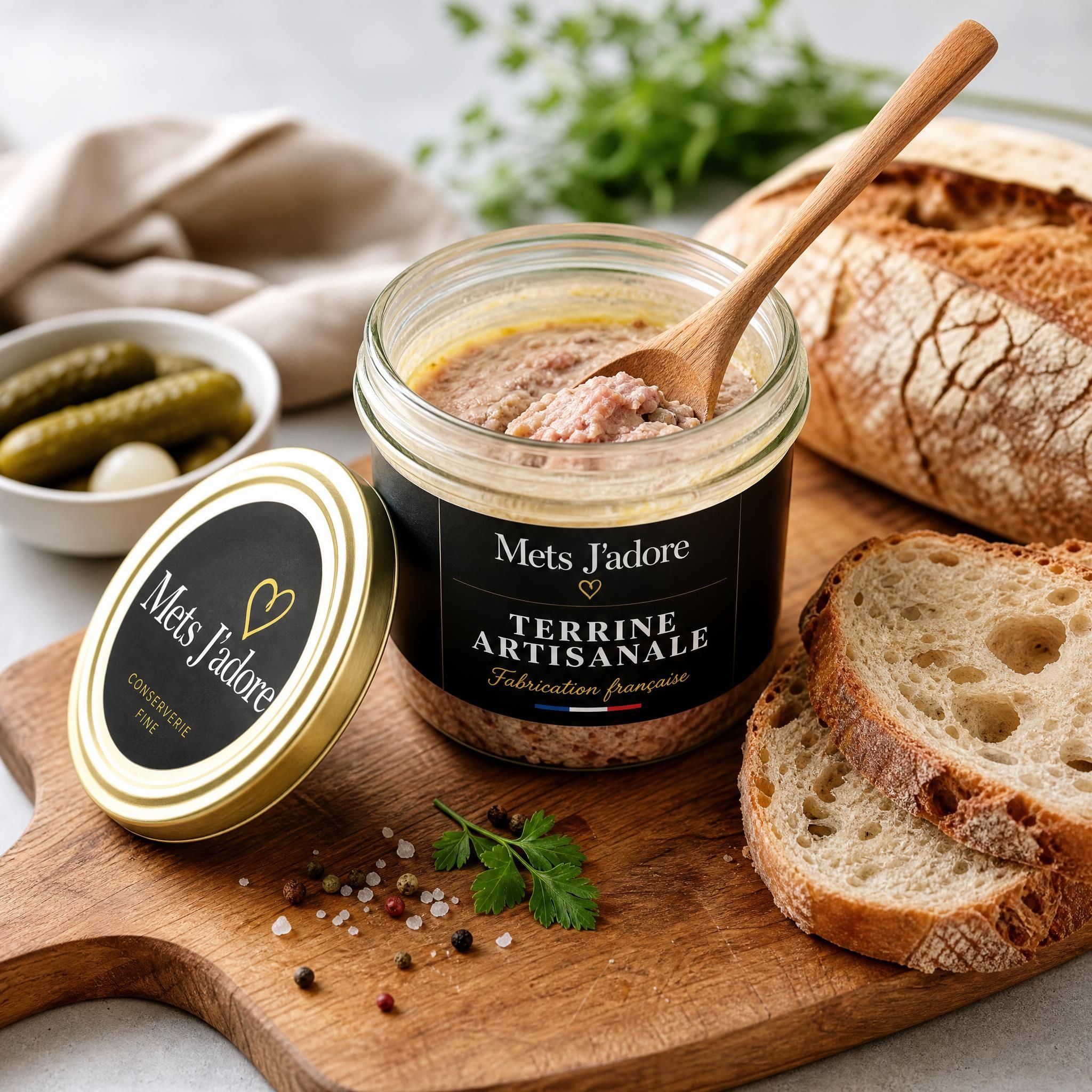 Terrine artisanale Mets J'adore ouverte avec une cuillère en bois, servie sur une planche avec du pain de campagne