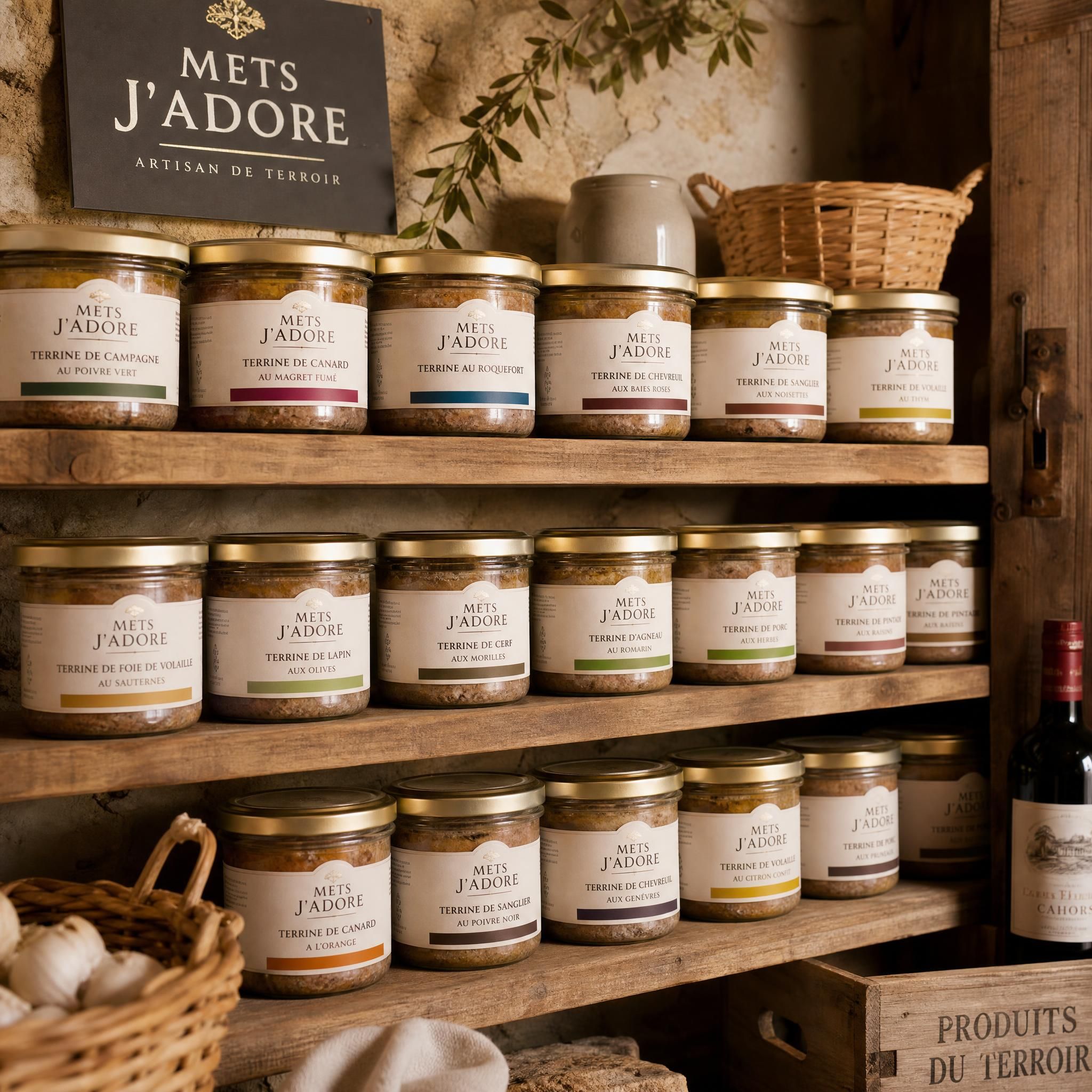 Cave à provisions avec des bocaux de terrines Mets J'adore bien rangés sur des étagères en bois, ambiance terroir authentique