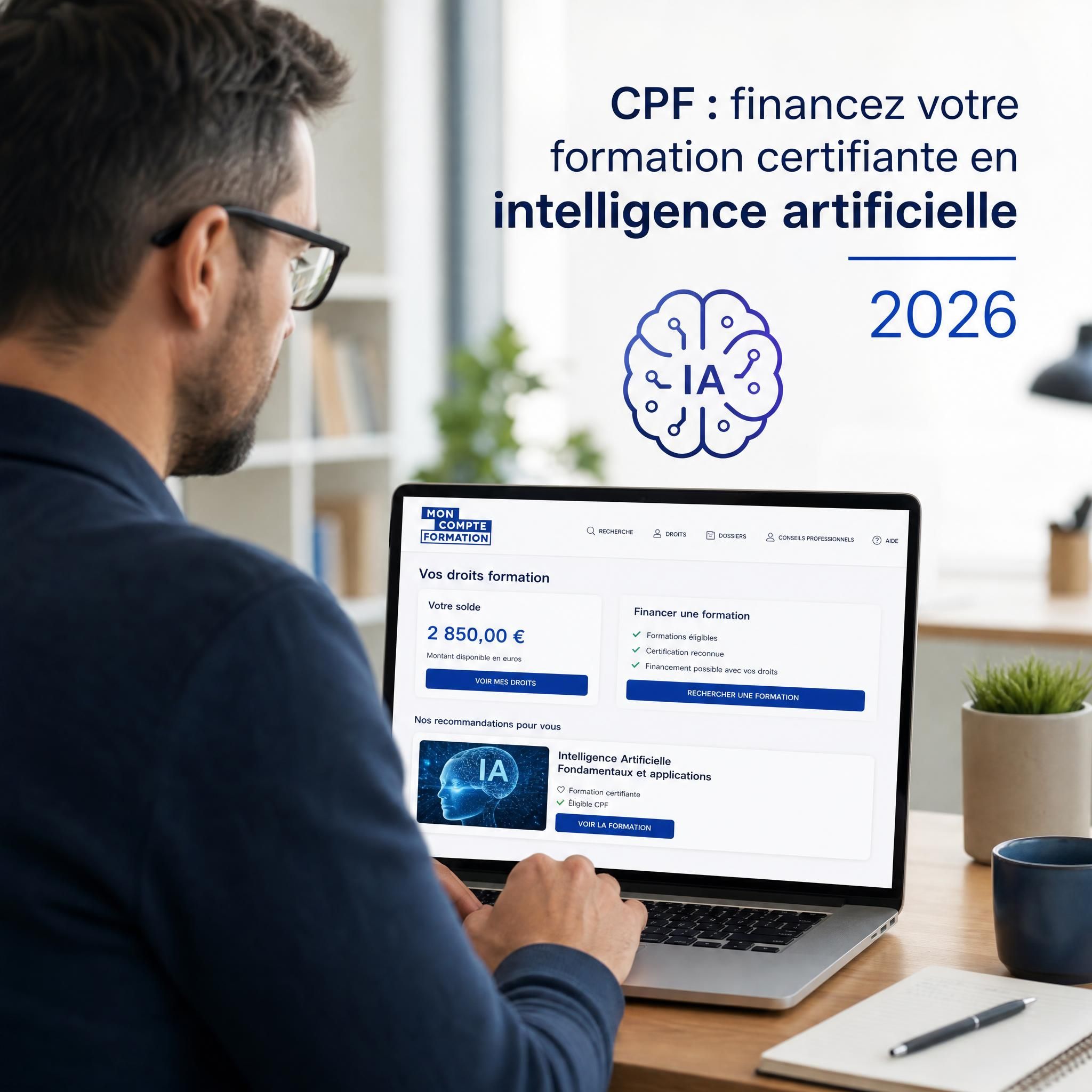 Professionnel consultant son Compte Personnel de Formation sur ordinateur portable pour financer une formation certifiante en intelligence artificielle en 2026