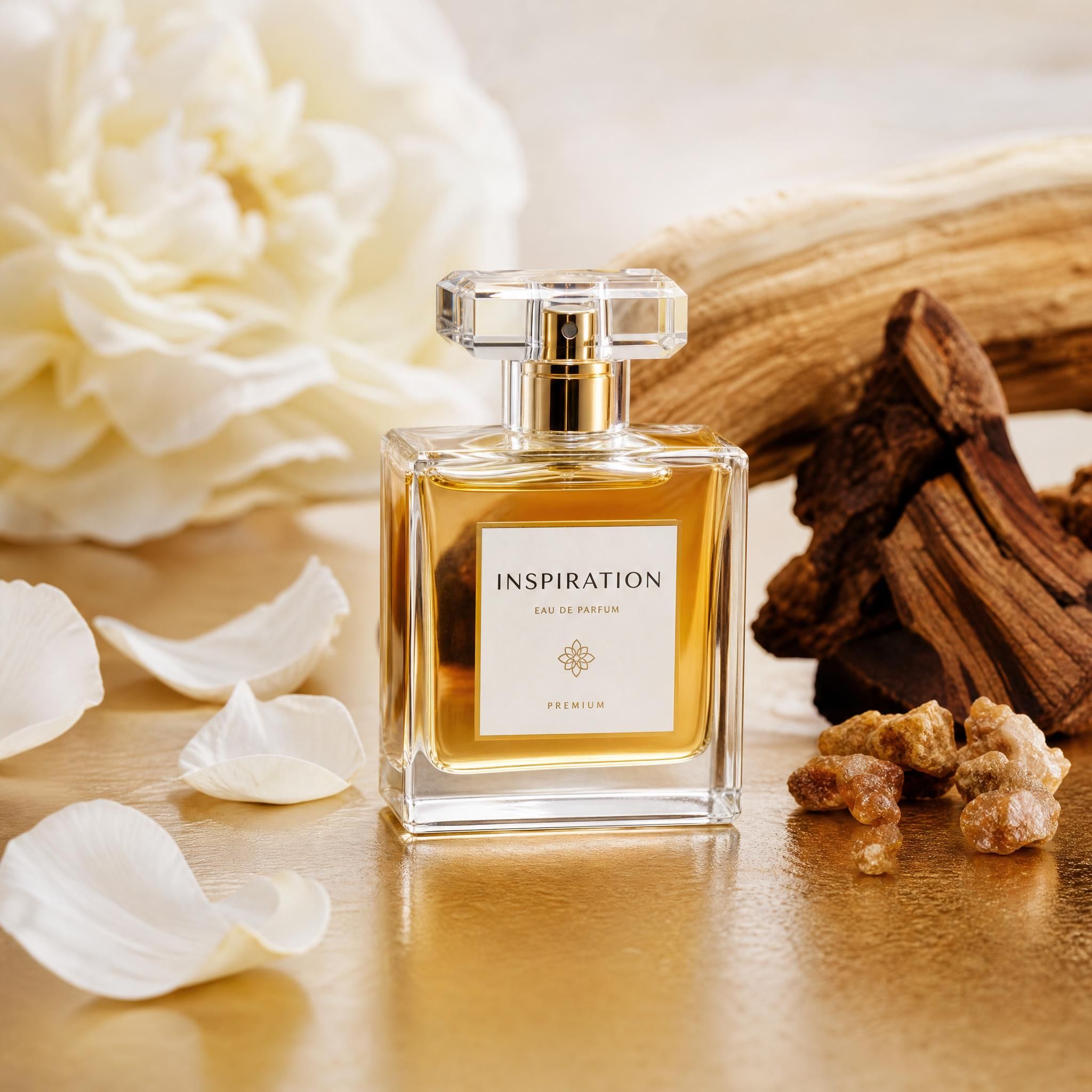Flacon de parfum inspiration posé sur une surface dorée avec des pétales de fleurs et des notes boisées en arrière-plan, ambiance premium accessible
