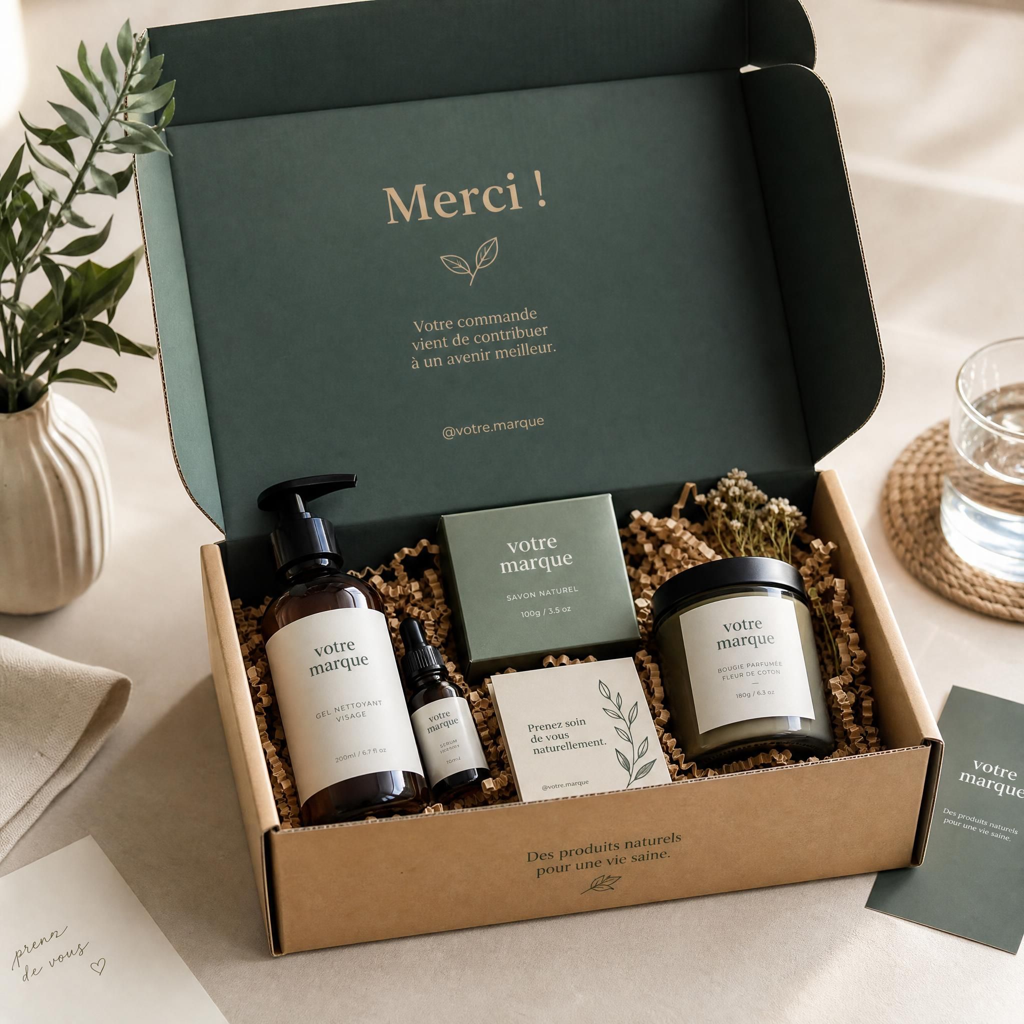 Expérience unboxing packaging personnalisé startup e-commerce - boîte premium ouverte avec produits disposés élégamment, lumière naturelle