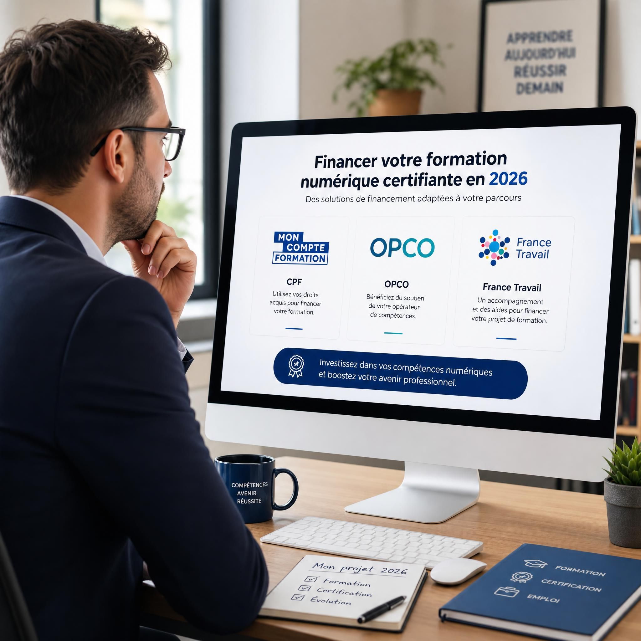 Professionnel consultant un écran avec les logos CPF, OPCO et France Travail pour financer sa formation numérique certifiante en 2026
