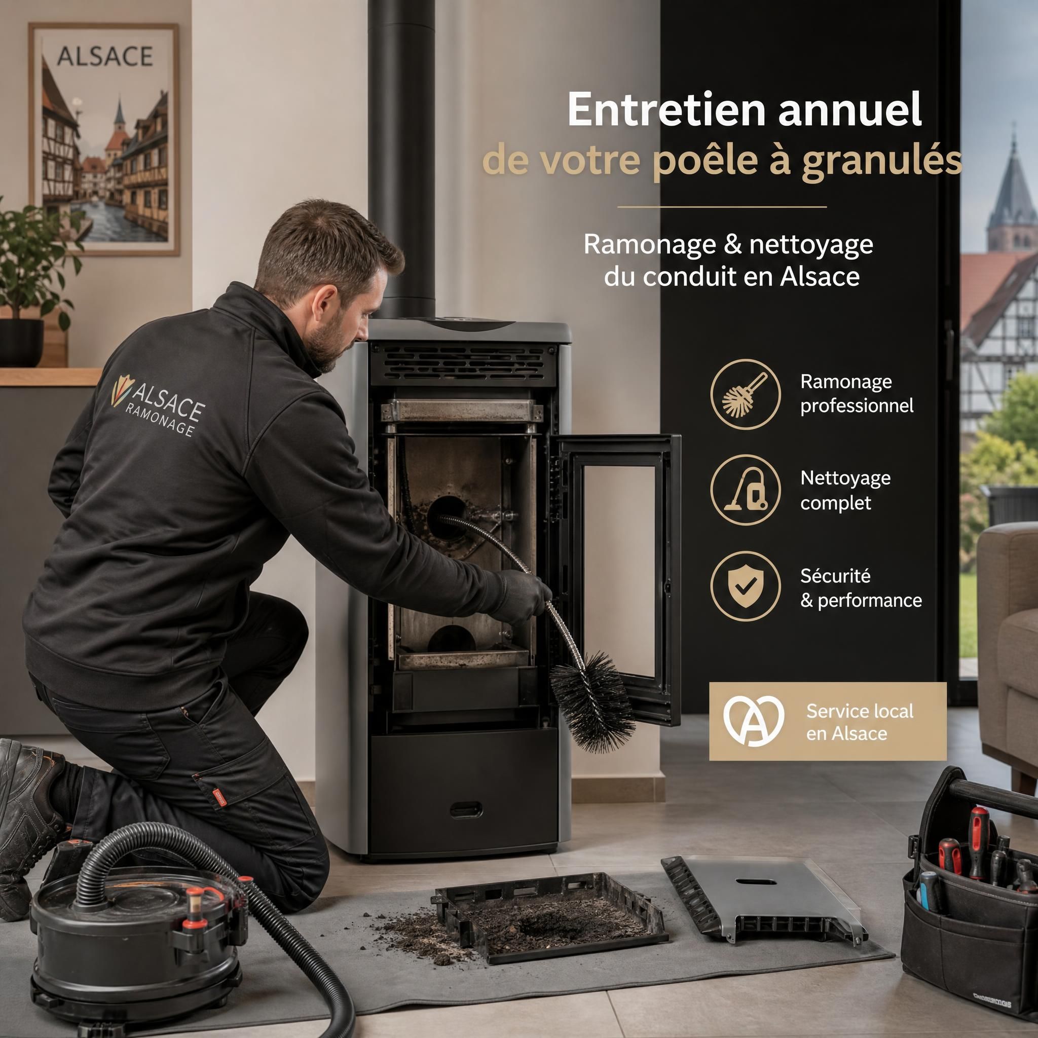 Technicien professionnel effectuant l'entretien annuel d'un poêle à granulés, ramonage et nettoyage du conduit en Alsace