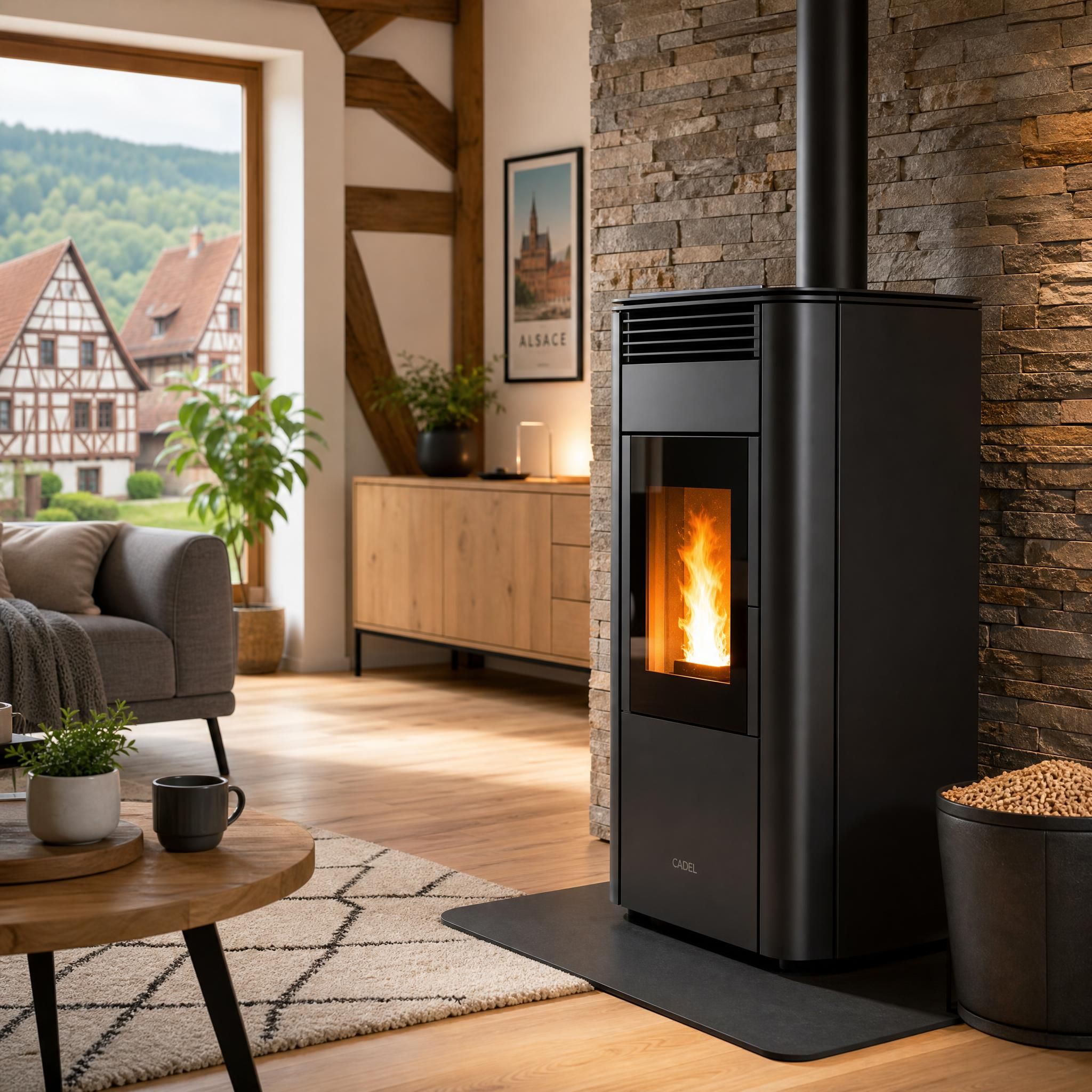 Installation d'un poêle à granulés moderne dans un salon alsacien, Haut-Rhin, avec vue sur la flamme et finition contemporaine