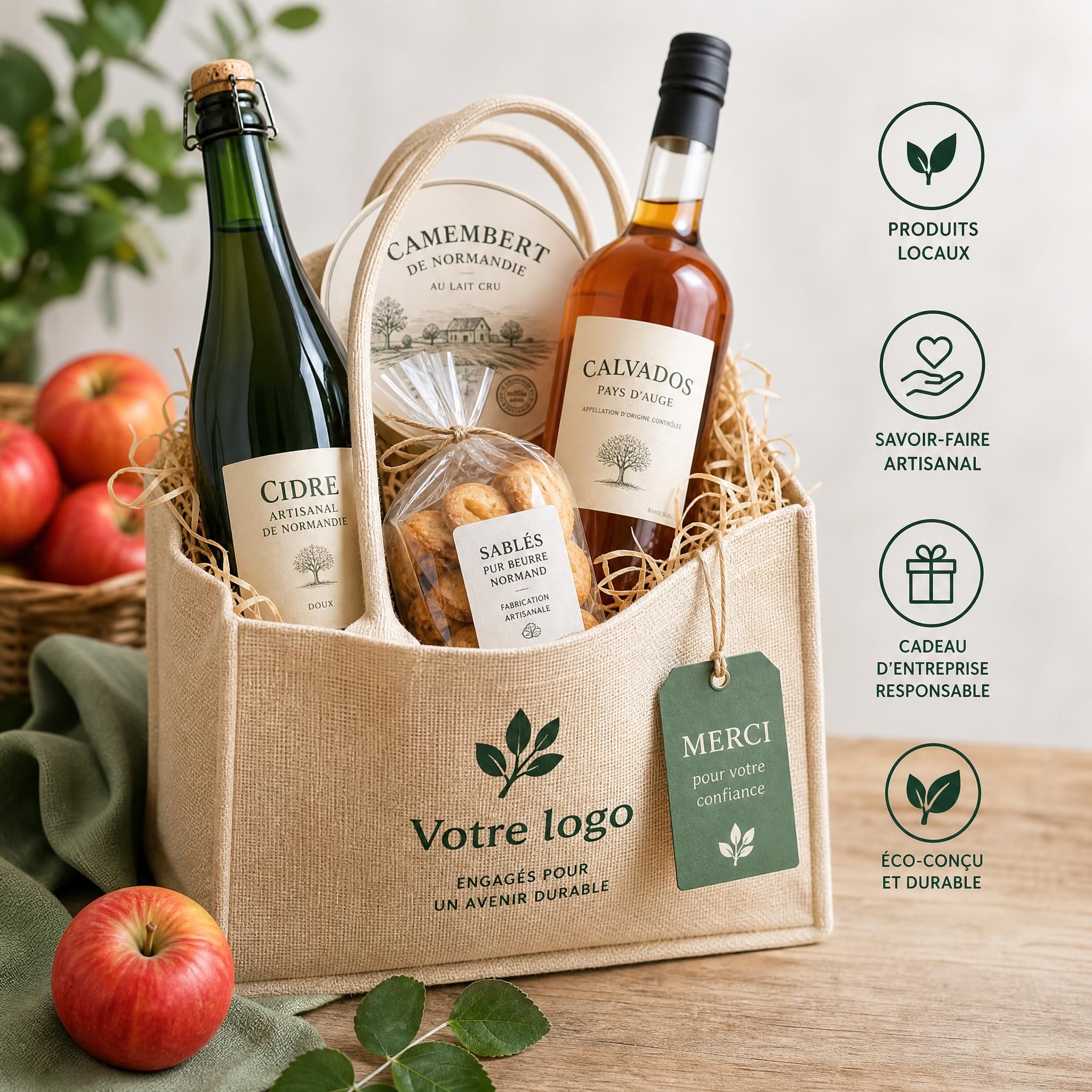 Panier garni normand composé de produits du terroir — camembert, cidre, calvados et biscuits artisanaux — présenté dans un sac textile personnalisé pour cadeaux d'entreprise RSE