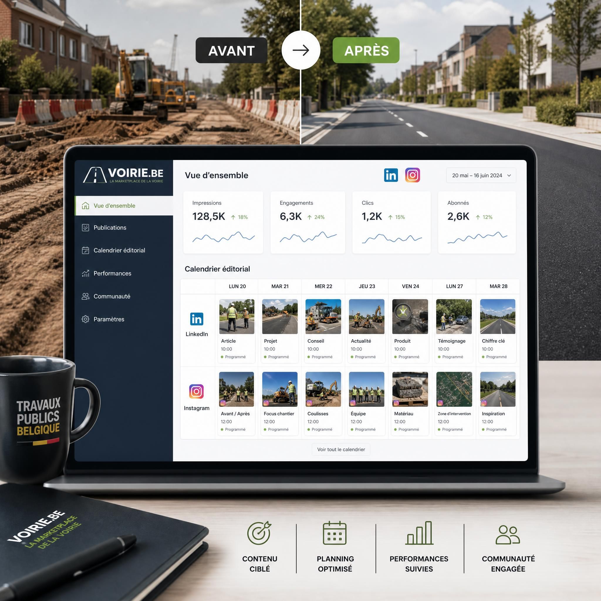 Tableau de bord d'une campagne social media pour une marketplace belge de voirie — calendrier éditorial LinkedIn et Instagram, chantier avant/après en arrière-plan