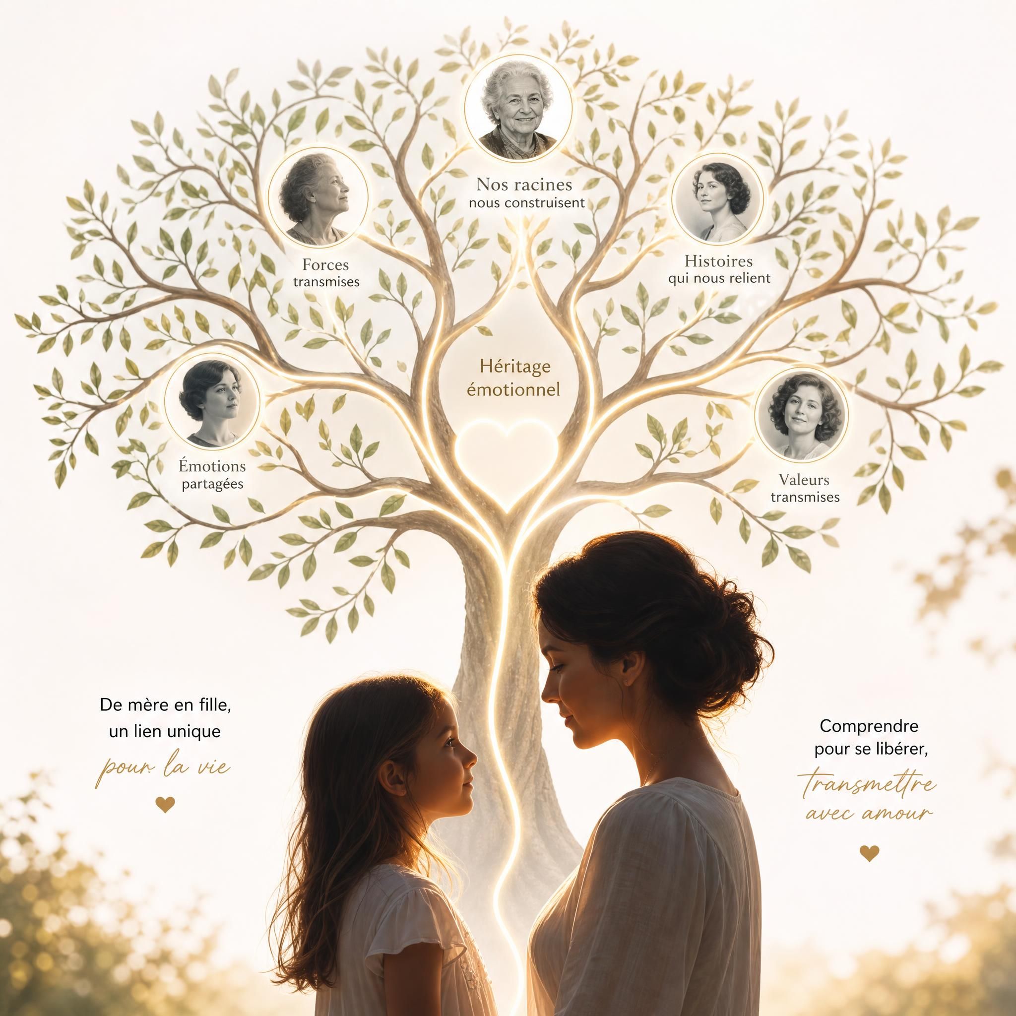 arbre généalogique lumineux symbolisant l'héritage émotionnel transgénérationnel mère fille pour comprendre les relations conflictuelles