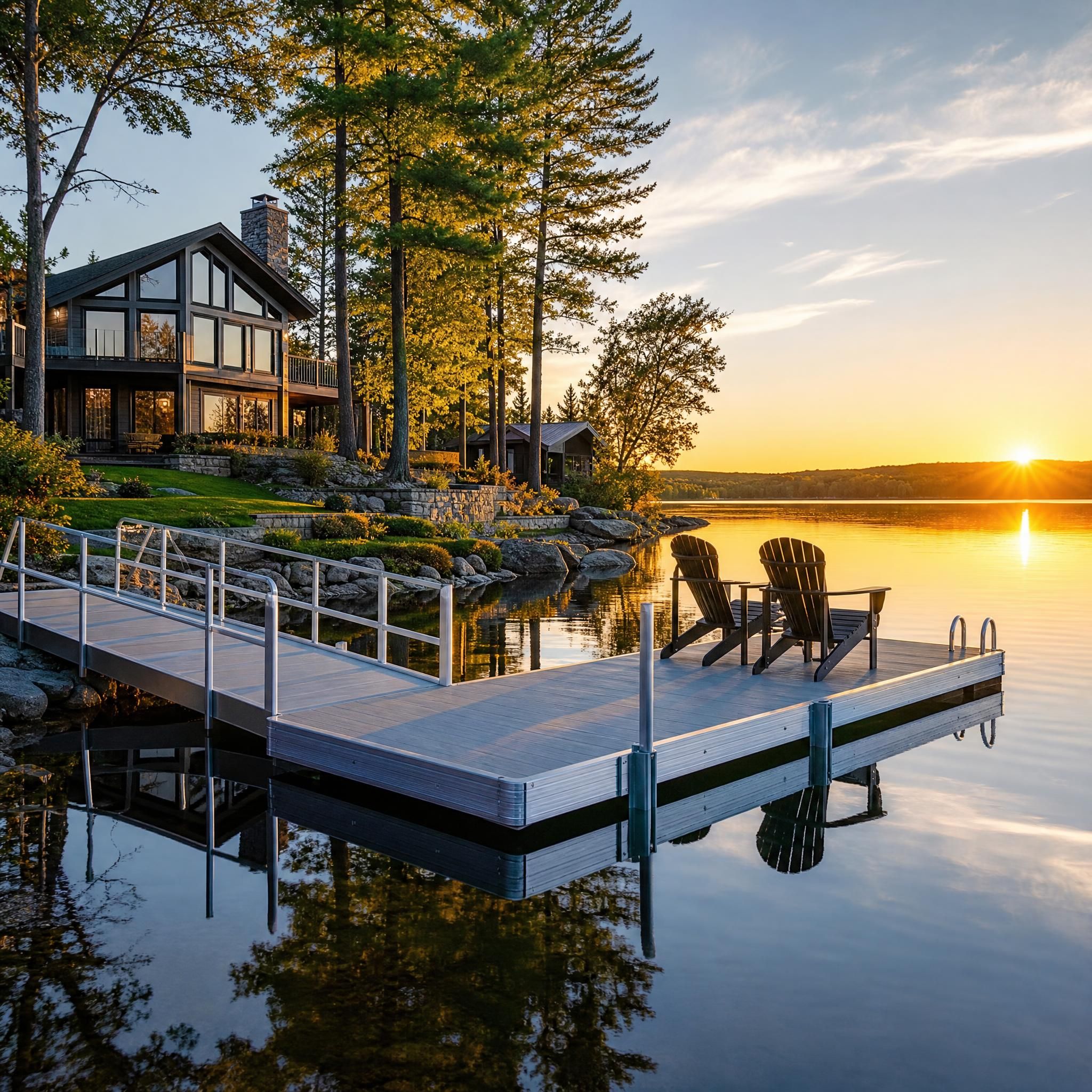 Propriété riveraine avec quai en aluminium moderne au coucher du soleil sur un lac du Québec, reflet dans l'eau calme