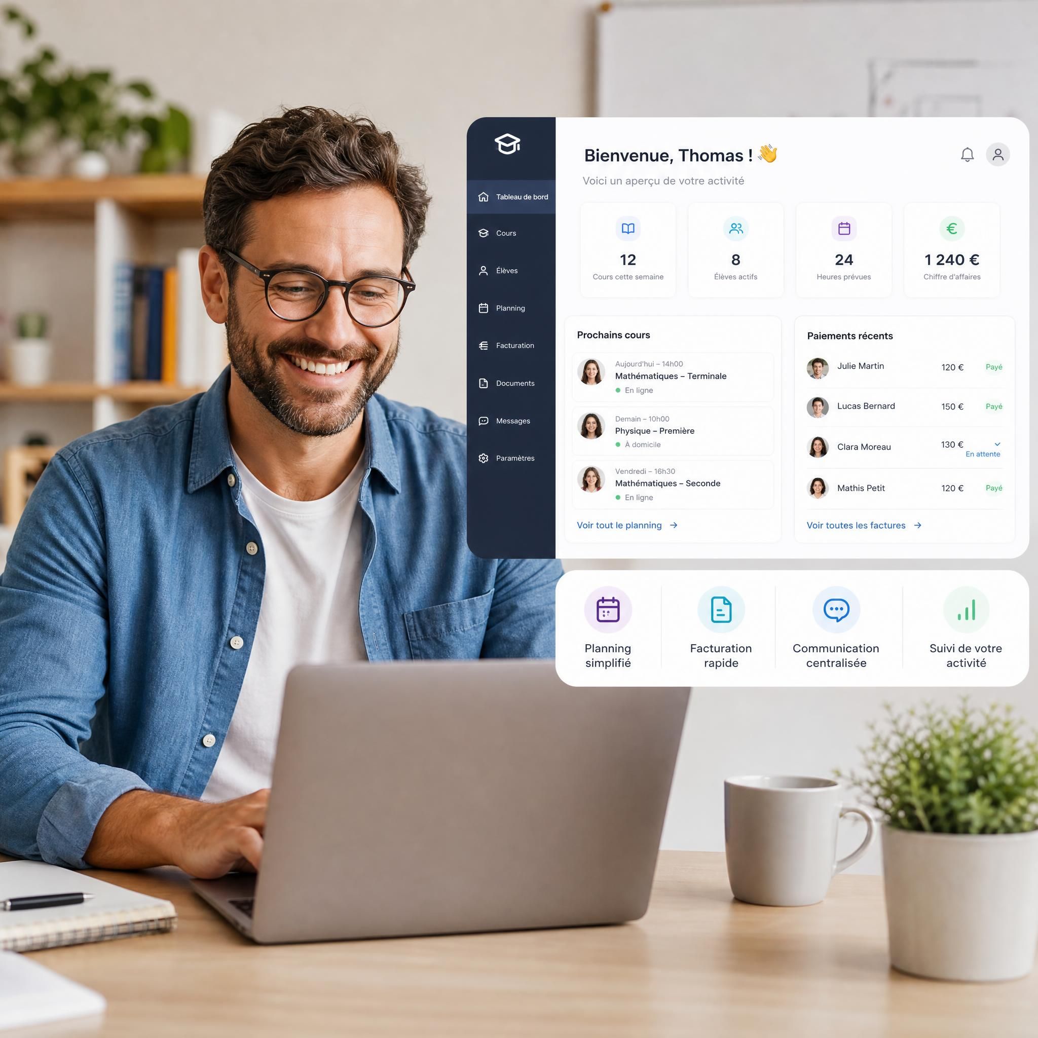 Professeur particulier souriant devant son ordinateur, utilisant une plateforme numérique de gestion administrative pour ses cours en ligne et en présentiel
