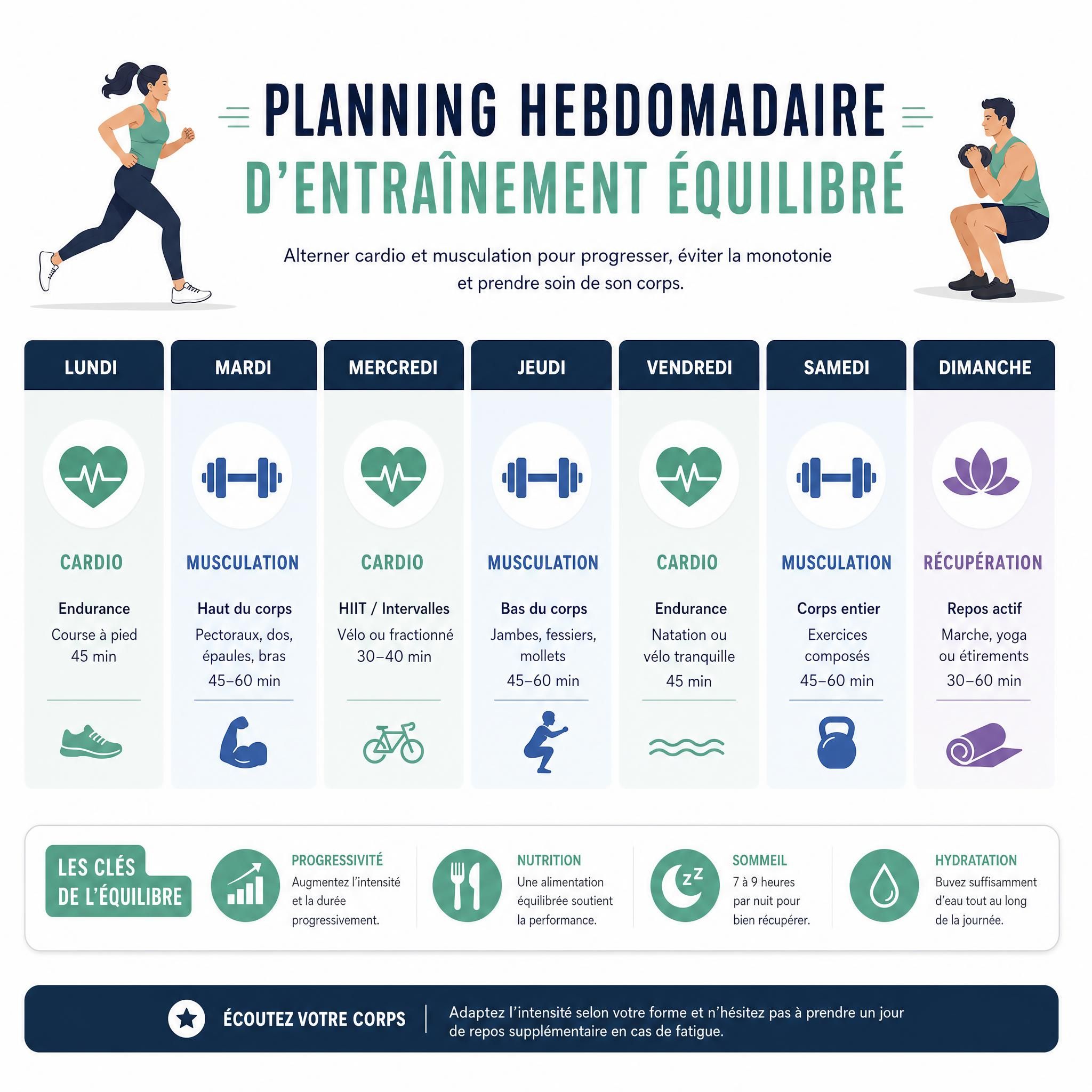 Planning hebdomadaire d'entraînement sportif équilibré avec alternance cardio et musculation, style infographie moderne