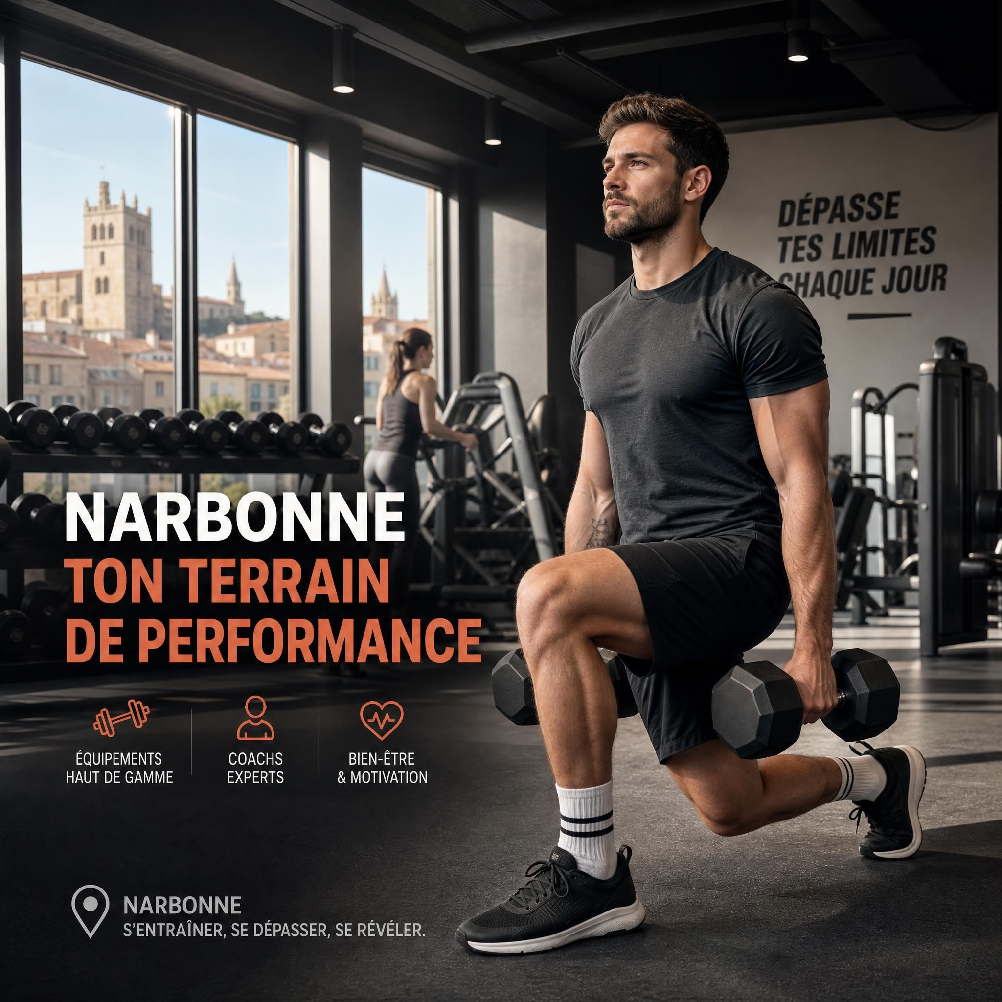 Personne motivée s'entraînant dans une salle de sport moderne à Narbonne, ambiance dynamique et inspirante
