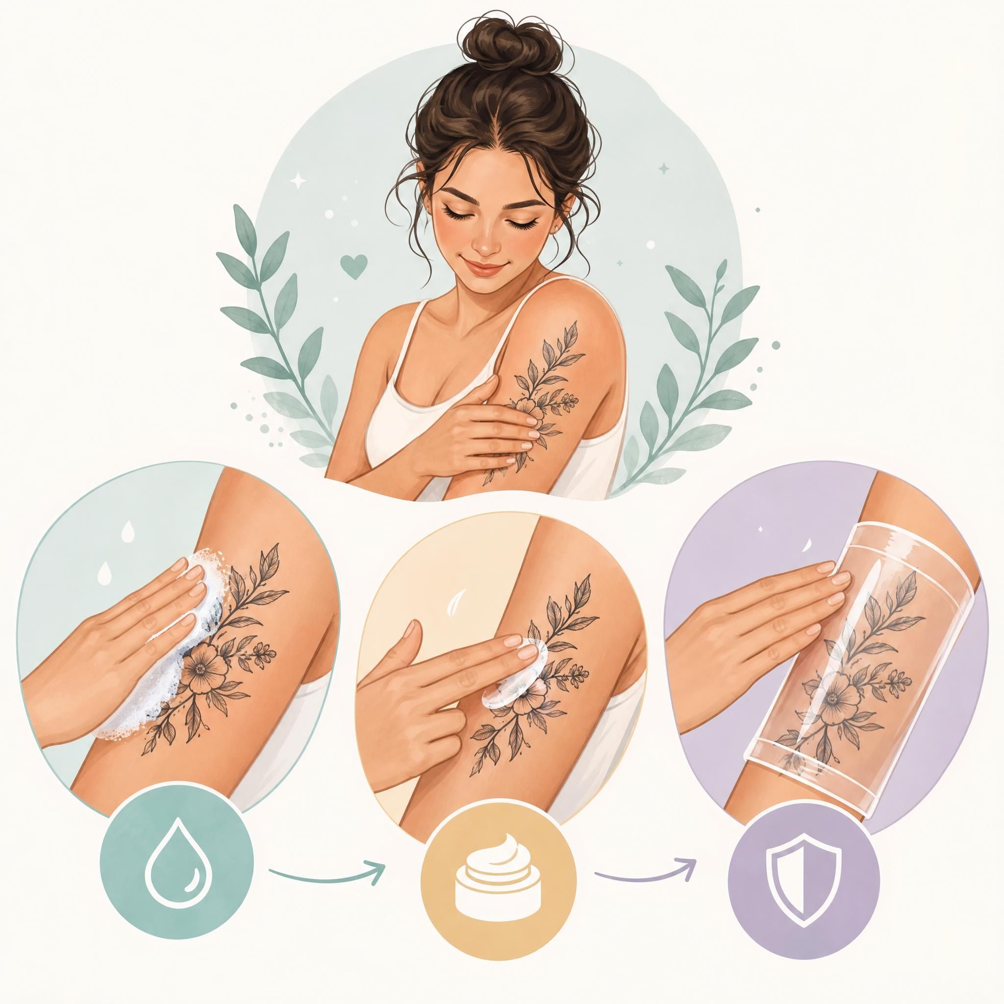 Illustration douce et rassurante montrant les étapes de soin d'un tatouage frais — nettoyage, hydratation, protection — en style illustratif pastel, sans texte