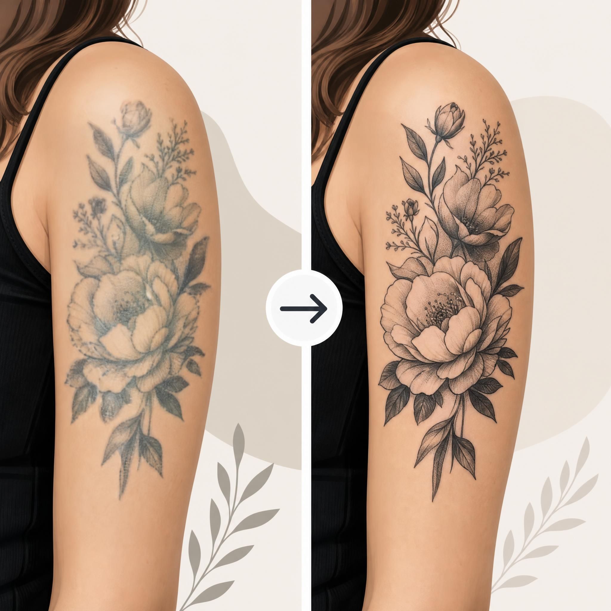 Illustration comparant un tatouage avant et après retouche professionnelle, style illustratif moderne sans texte