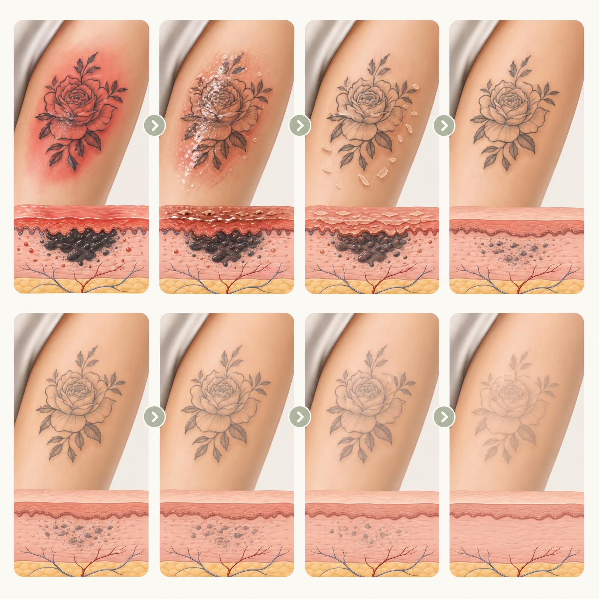 Illustration en étapes montrant le processus de cicatrisation d'un tatouage sur une peau stylisée, style illustratif pédagogique sans texte
