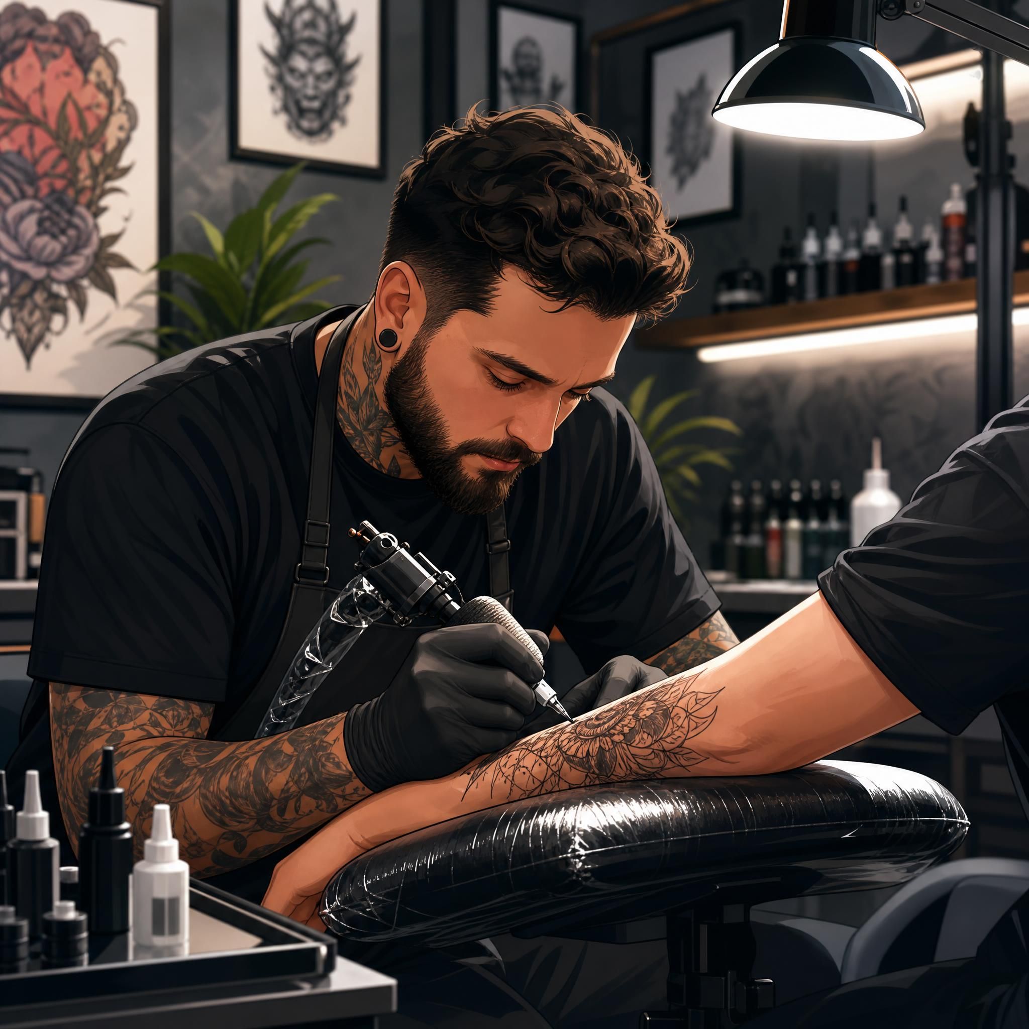 Illustration d'un tatoueur professionnel travaillant dans un studio moderne avec des outils contemporains, style illustratif sans texte