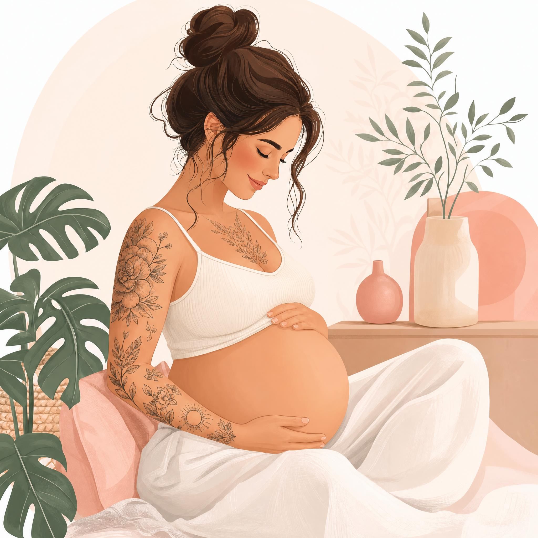 Illustration douce et rassurante d'une femme enceinte avec des tatouages existants, style illustratif pastel sans texte