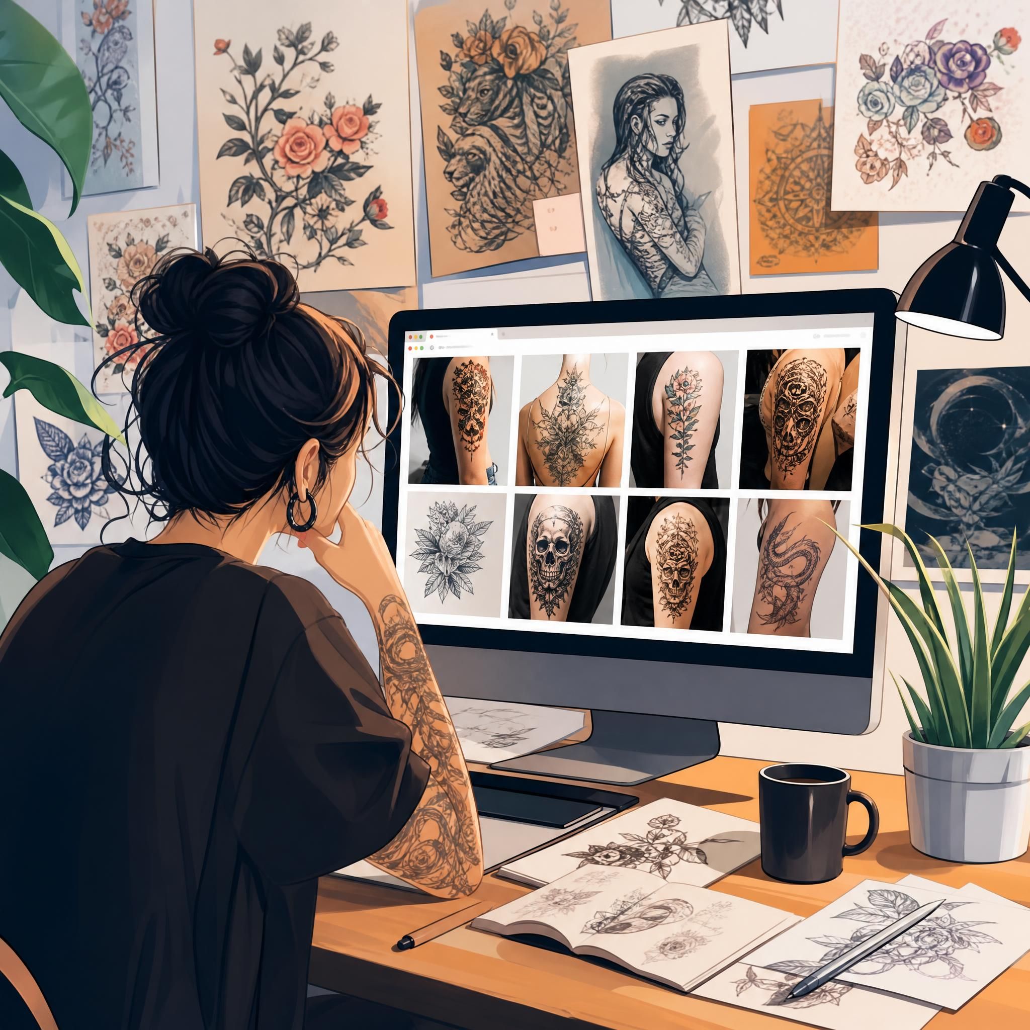 Illustration colorée et illustrative d'une personne parcourant des portfolios de tatouage sur un écran, entourée de références artistiques variées, style graphique sans texte