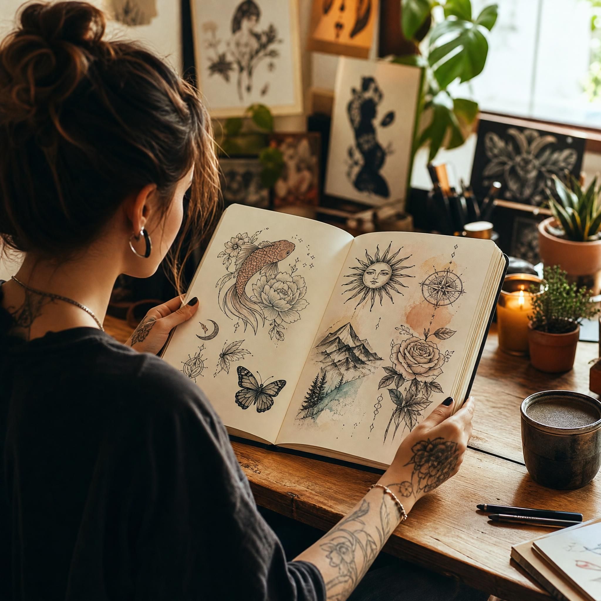 Illustration colorée et inspirante d'une personne découvrant différents styles de tatouage dans un carnet de croquis, ambiance chaleureuse et artistique, sans texte