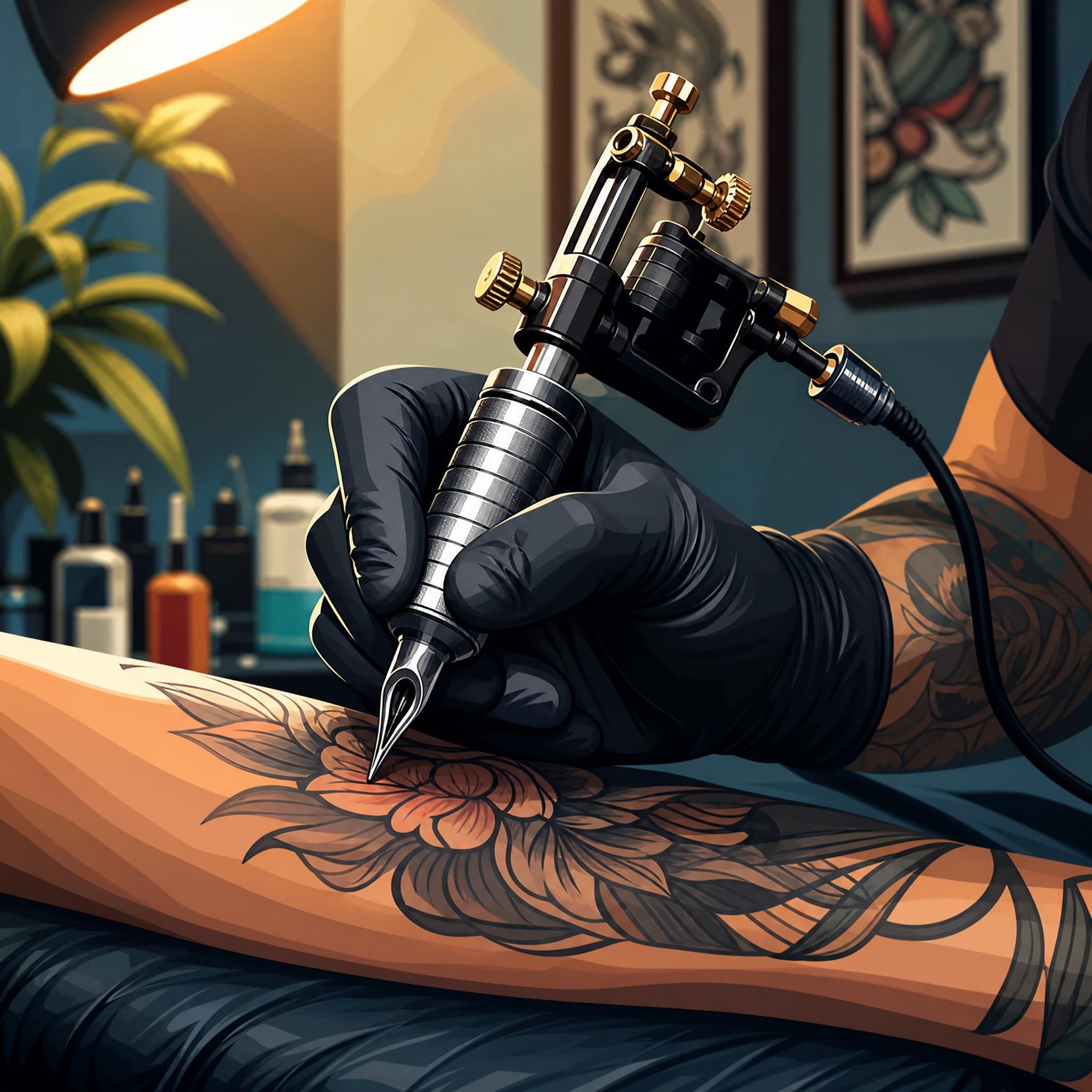 Illustration illustrative d'une main de tatoueur tenant une machine à tatouer au-dessus d'un bras, style graphique coloré sans texte, ambiance artistique et professionnelle