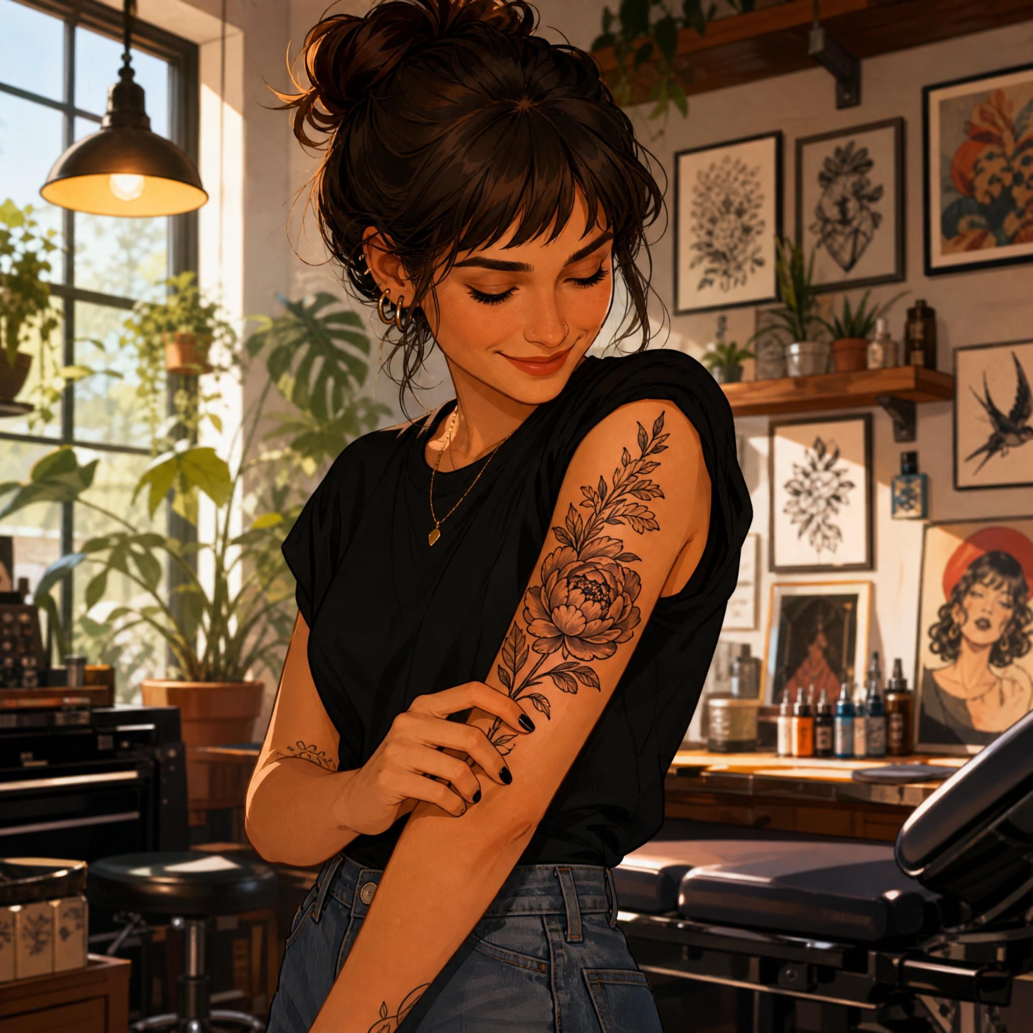 Illustration chaleureuse et inspirante d'une personne regardant avec fierté son nouveau tatouage, entourée d'une ambiance de studio artistique accueillant, style illustratif sans texte
