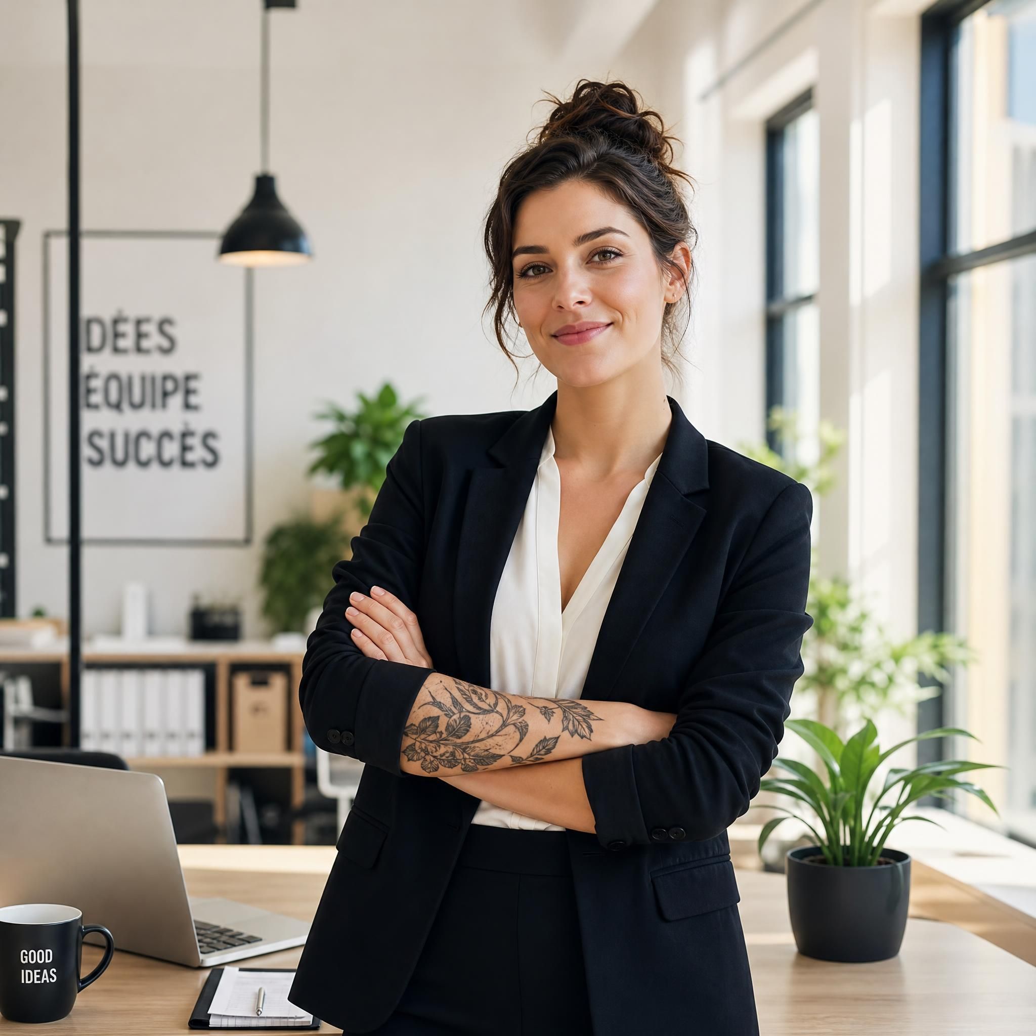 Illustration illustrative d'une personne en tenue professionnelle avec un tatouage visible sur l'avant-bras, dans un cadre de bureau lumineux et moderne