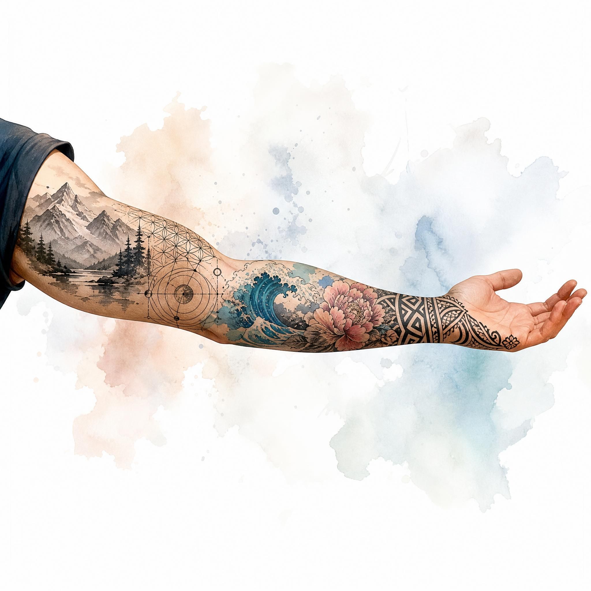 Illustration illustrative d'un bras tatoué avec des motifs variés représentant différents styles de tatouage, style aquarelle sans texte