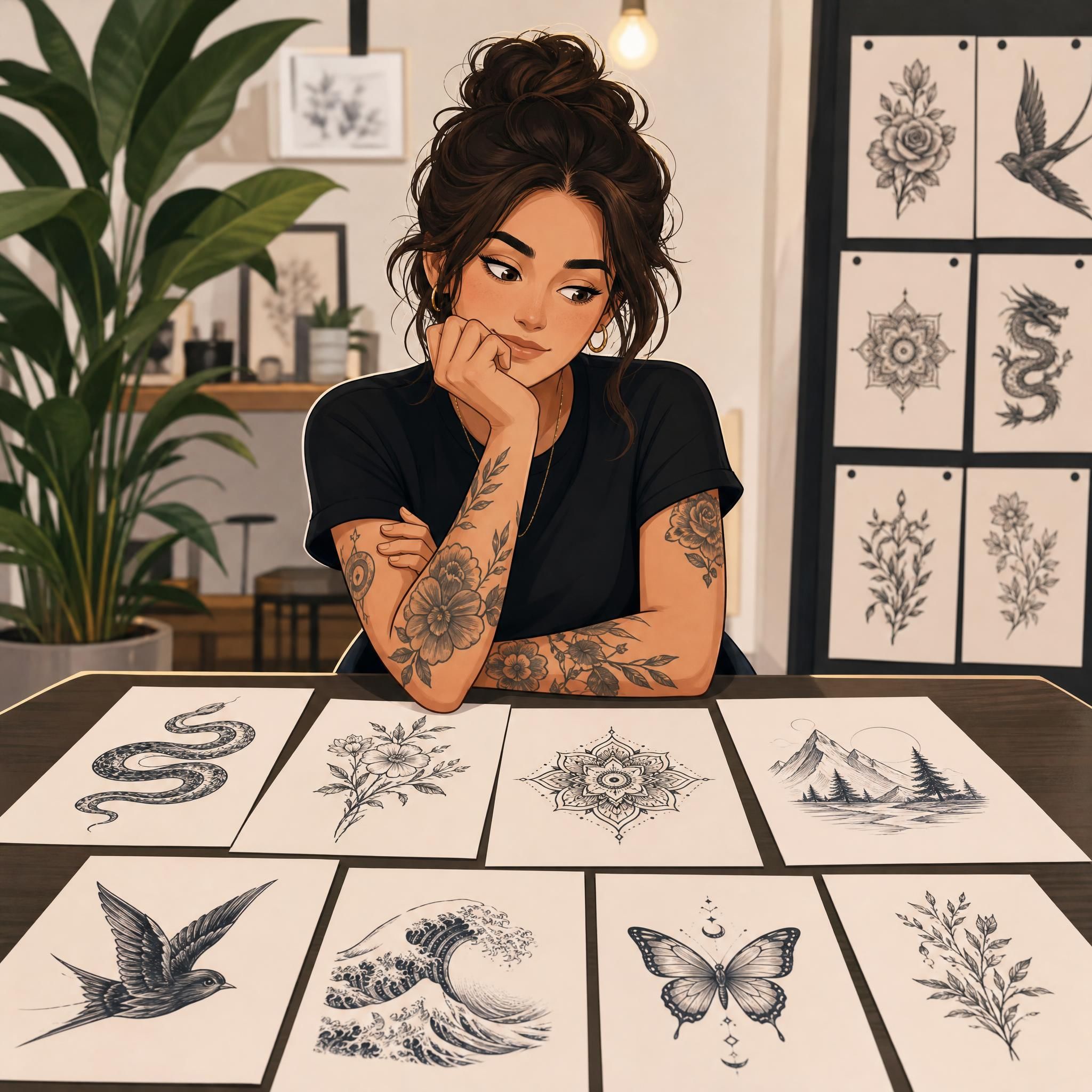 Illustration décontractée d'une personne hésitante face à plusieurs designs de tatouage, style illustratif coloré sans texte