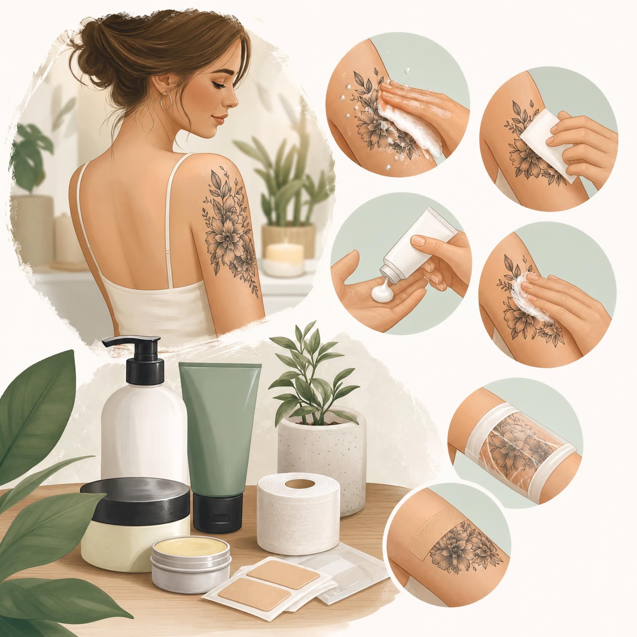 Illustration d'une routine de soin post-tatouage avec produits hydratants et pansements, style illustratif doux sans texte
