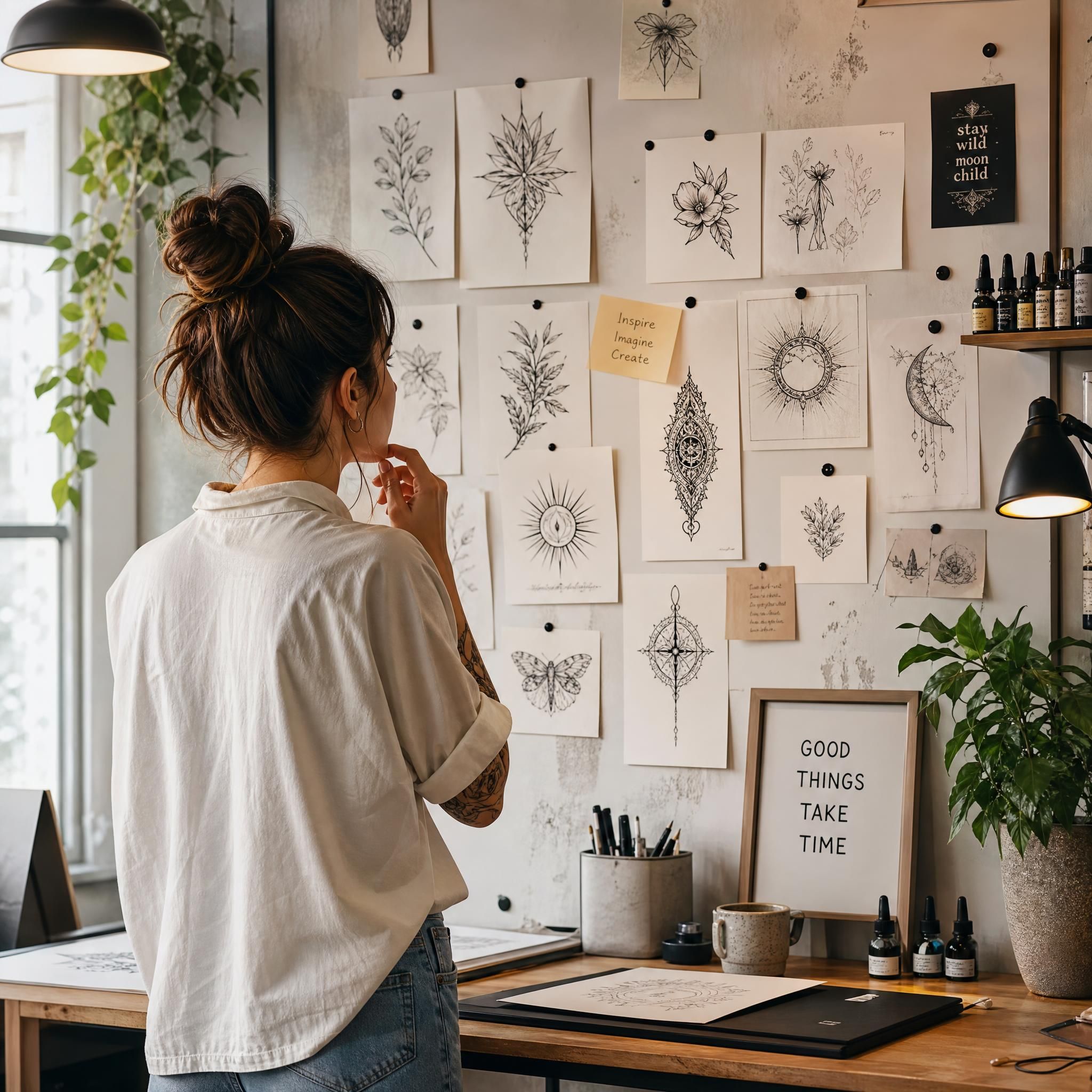 Illustration douce et inspirante montrant une personne regardant différents designs de tatouage épinglés sur un mur, dans une ambiance de studio créatif et chaleureux