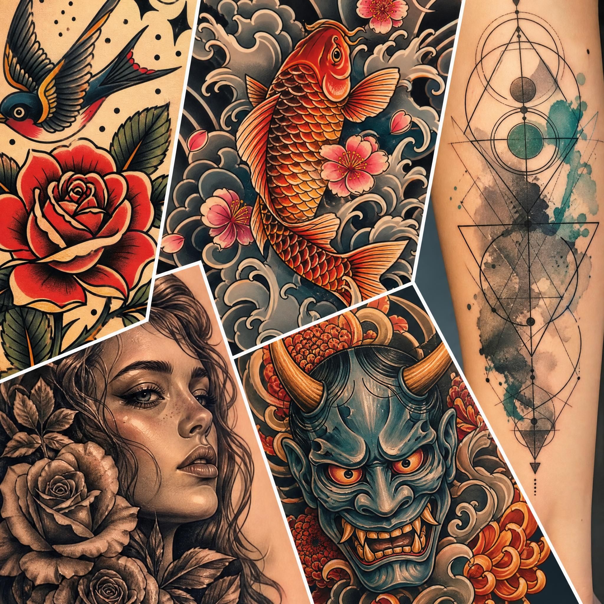 Illustration artistique présentant une mosaïque de différents styles de tatouage — old school, japonais, géométrique, réaliste — en style illustratif coloré, sans texte