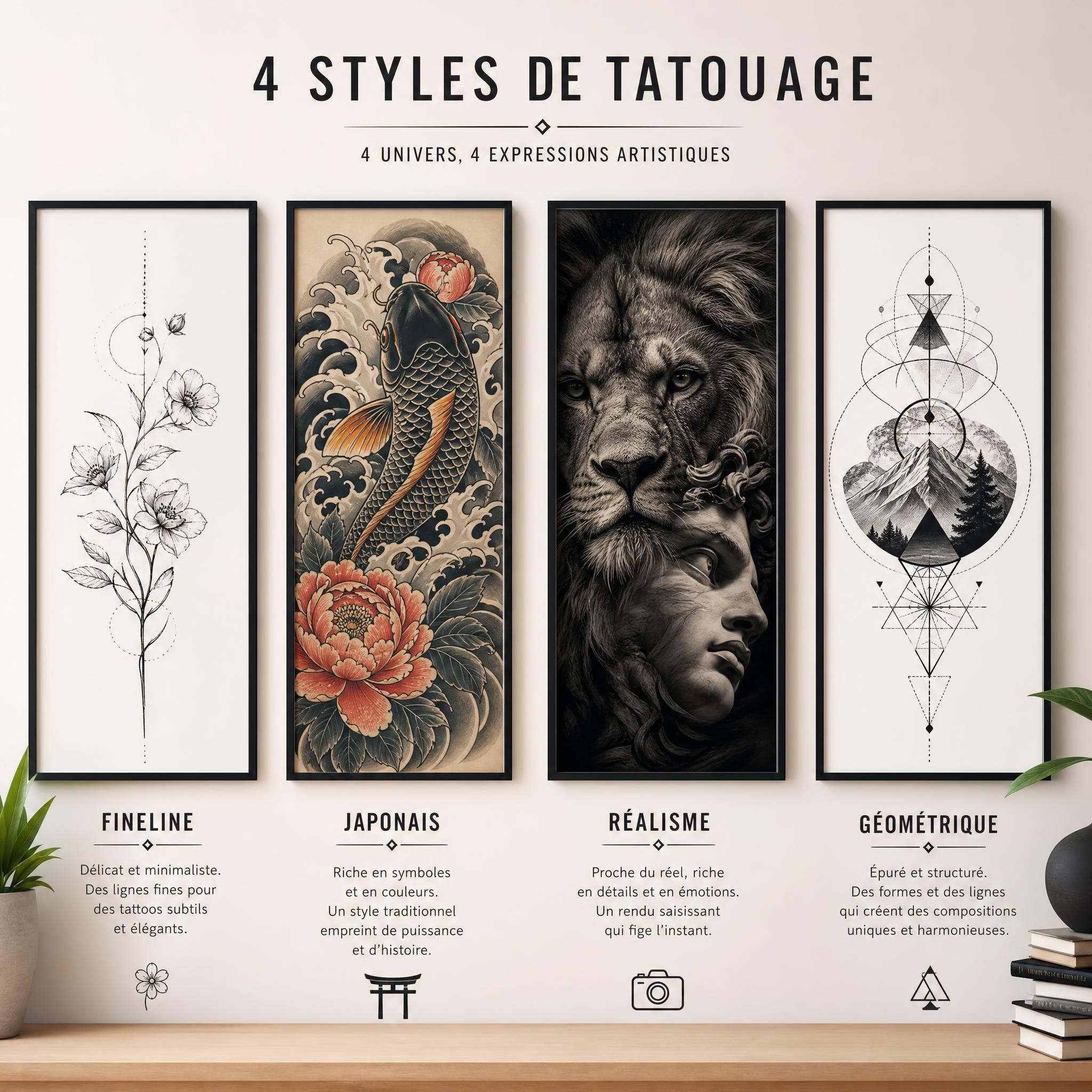 Illustration illustrative montrant une palette de styles de tatouage côte à côte — fineline, japonais, réalisme et géométrique — présentés comme des œuvres d'art encadrées