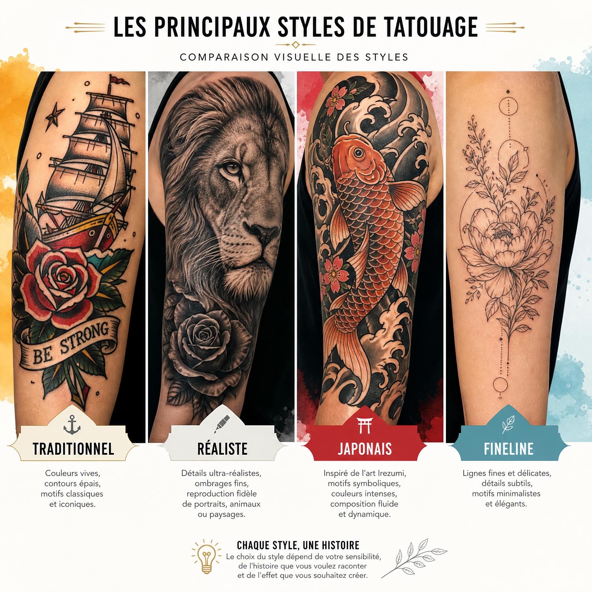 Illustration colorée montrant une mosaïque de différents styles de tatouage – traditionnel, réaliste, japonais, fineline – disposés en comparaison visuelle artistique