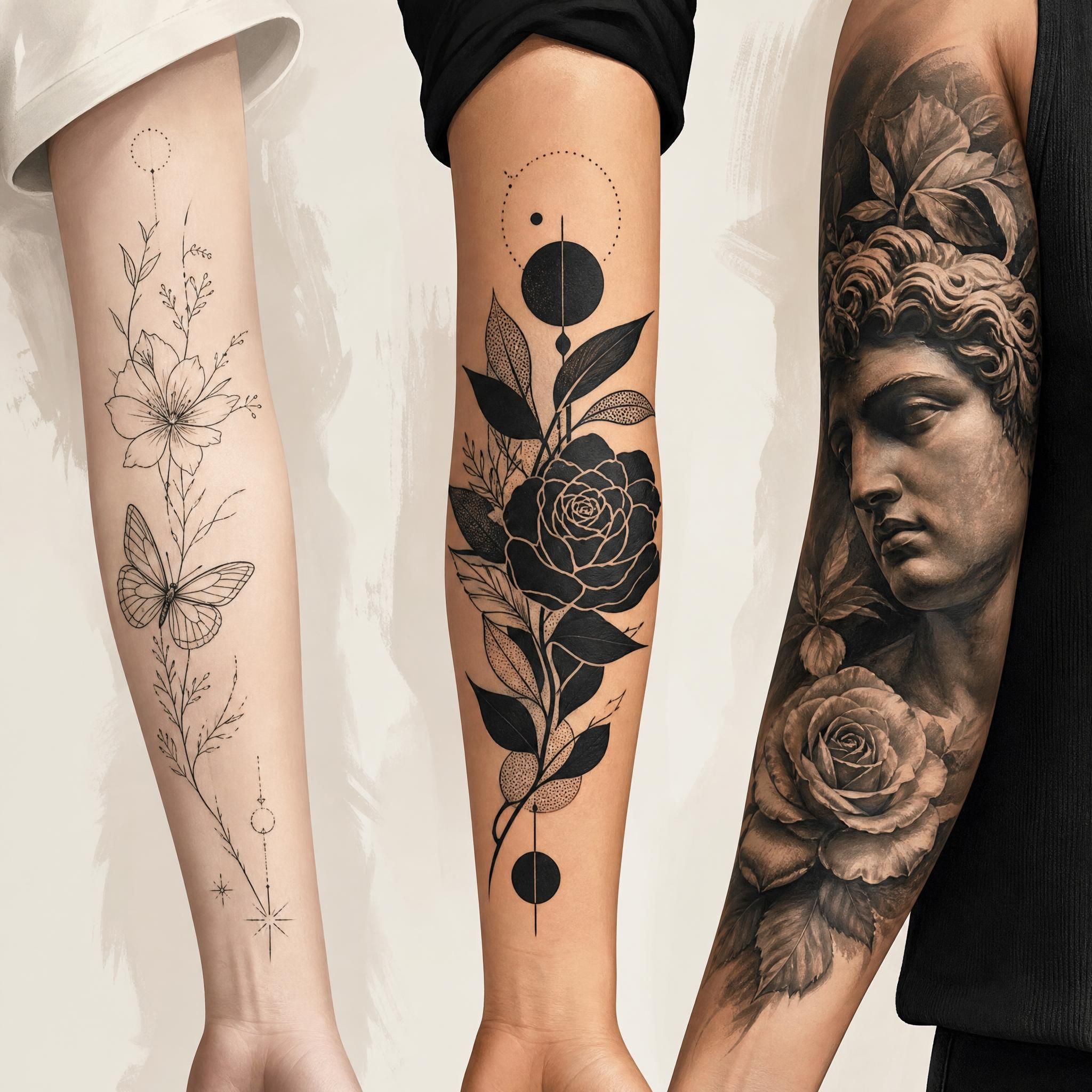 Illustration représentant différents styles de tatouage côte à côte — fine line, blackwork, réalisme — sur des bras stylisés, style illustratif sans texte