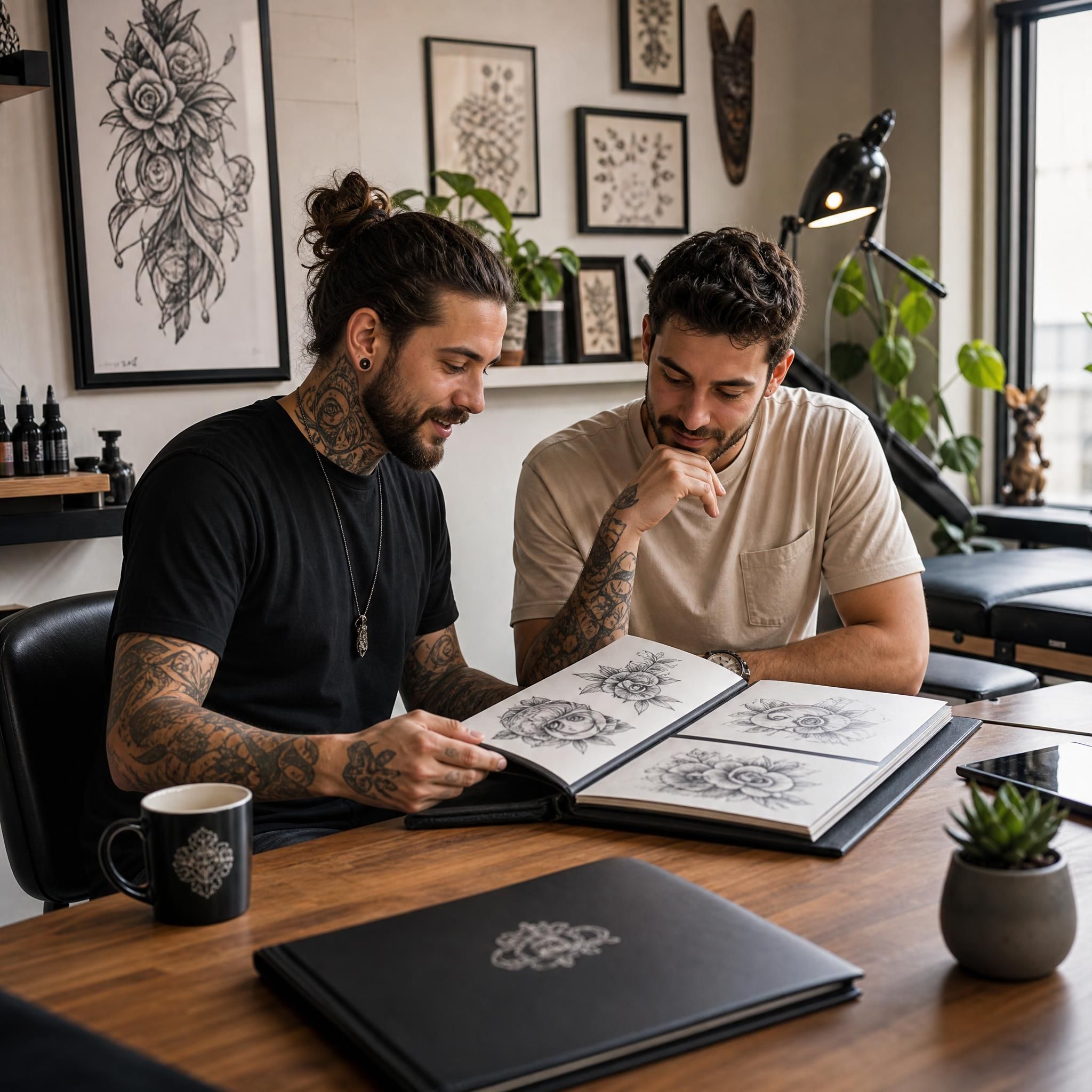 Illustration chaleureuse d'un tatoueur et d'un client en consultation dans un studio propre et artistique, regardant ensemble un portfolio de dessins