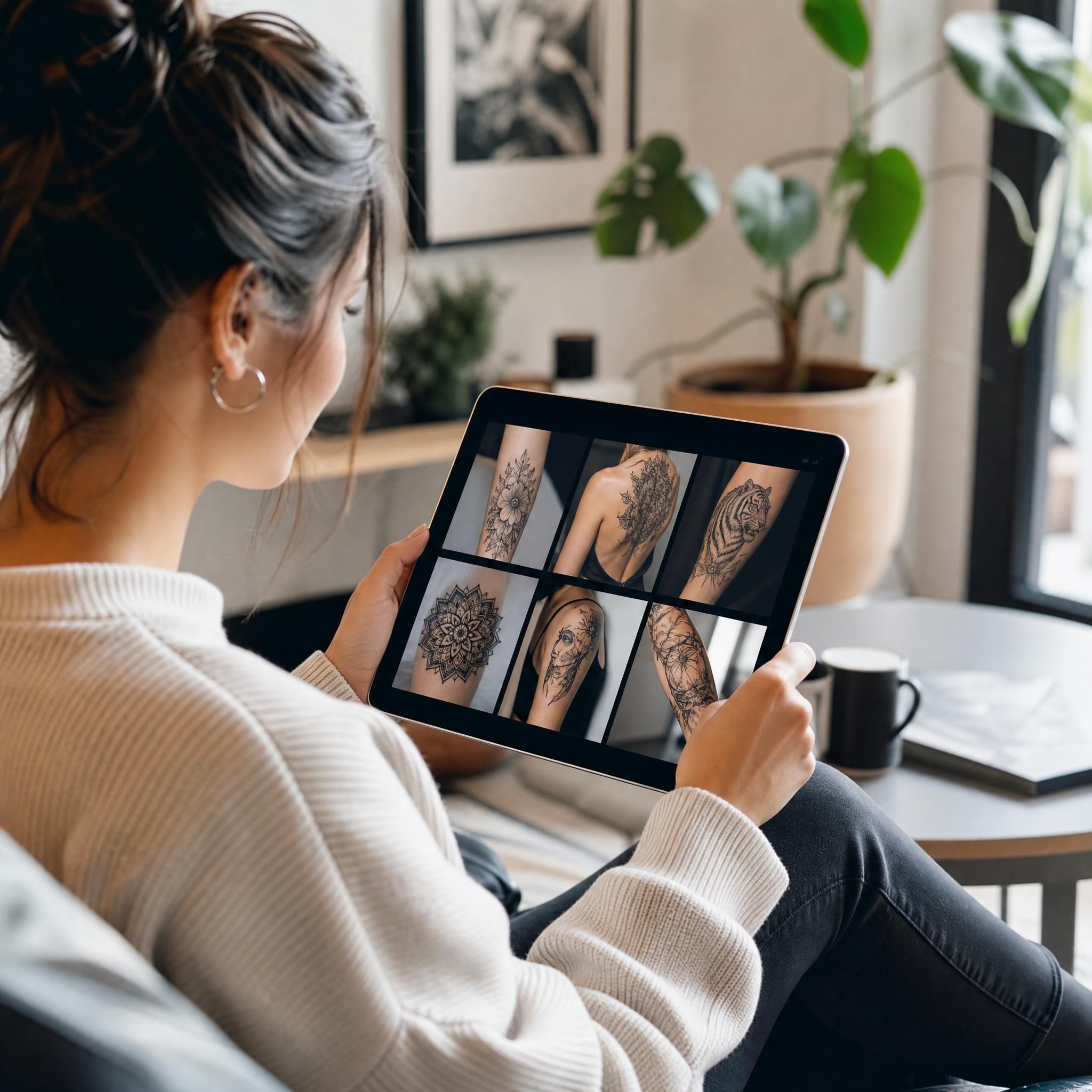 Illustration d'une personne qui consulte attentivement un portfolio de tatoueur sur une tablette, style illustratif doux et moderne sans texte