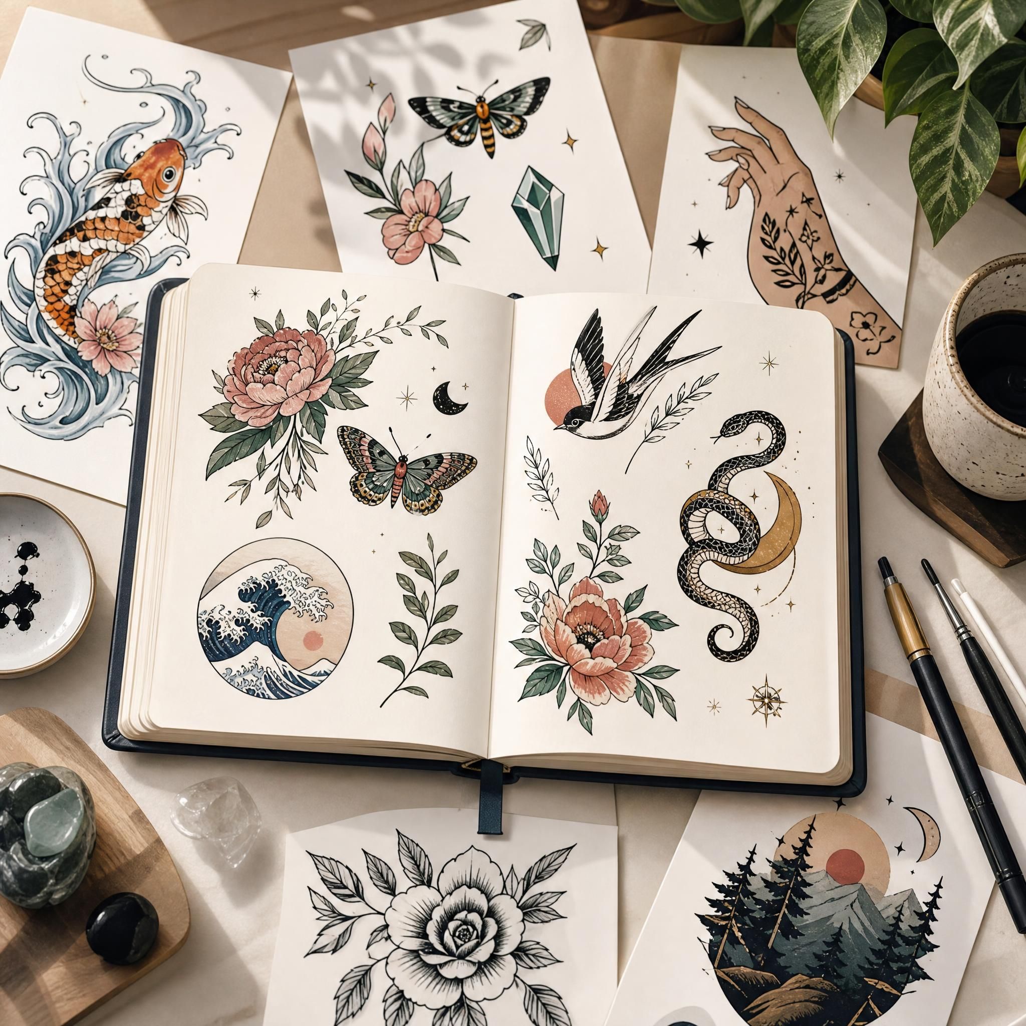 Illustration douce et illustrative représentant un carnet de croquis ouvert avec des designs de tatouage variés autour, style graphique coloré et inspirant sans texte