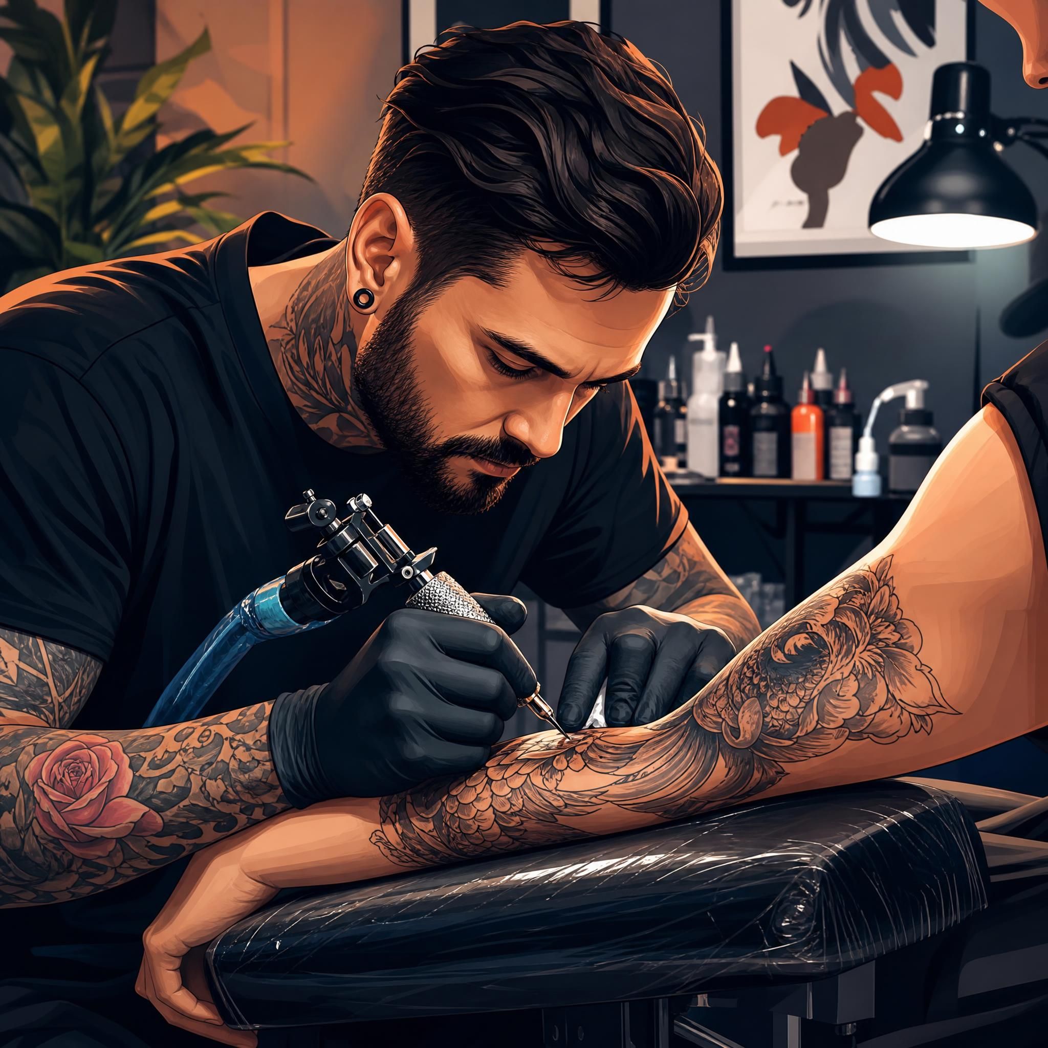 Illustration artistique d'un tatoueur professionnel travaillant avec précision sur un bras, style illustratif coloré sans texte