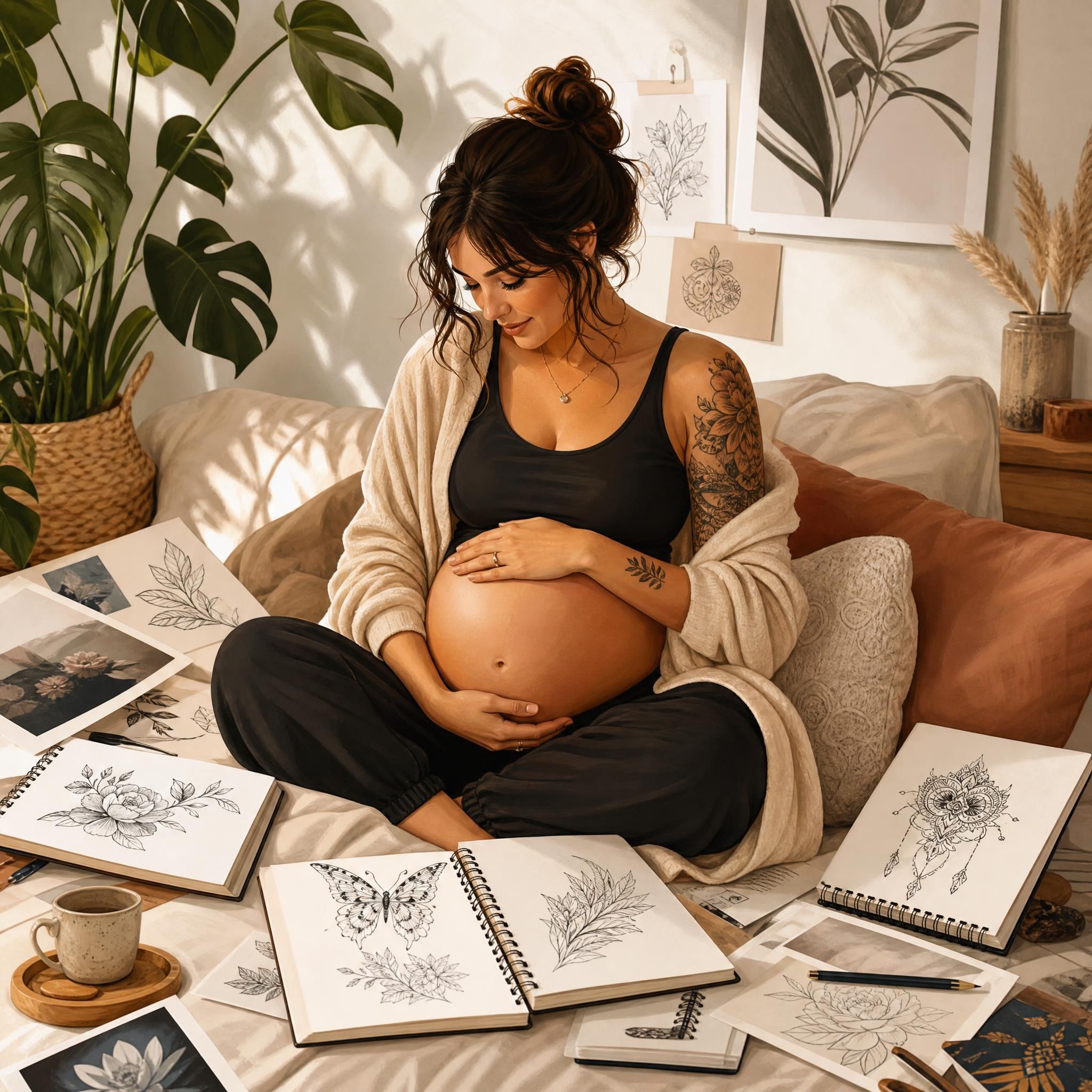 Illustration apaisante d'une femme enceinte entourée de carnets de croquis et d'inspirations de tatouage, style illustratif chaleureux sans texte