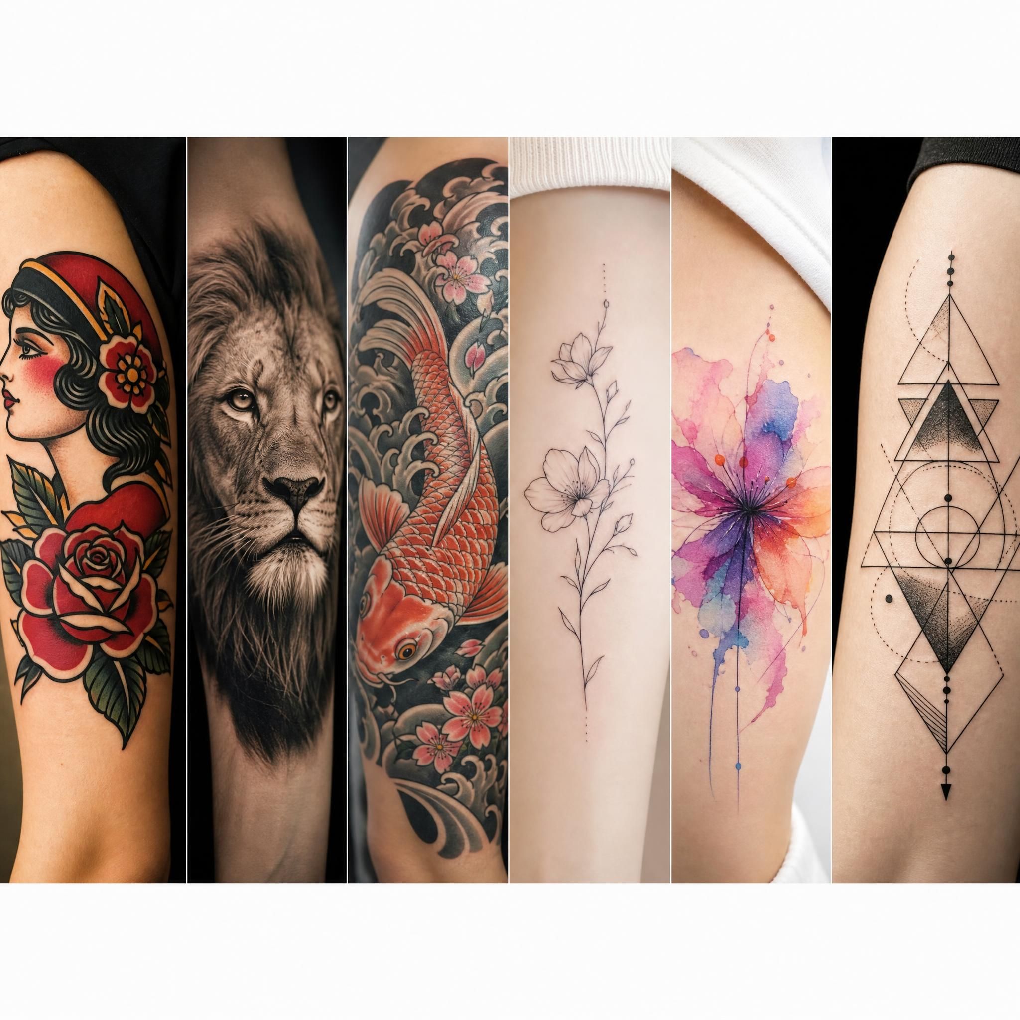 Illustration illustrative montrant six vignettes de styles de tatouage différents côte à côte – old school, réalisme, japonais, fineline, aquarelle, géométrique – sans texte