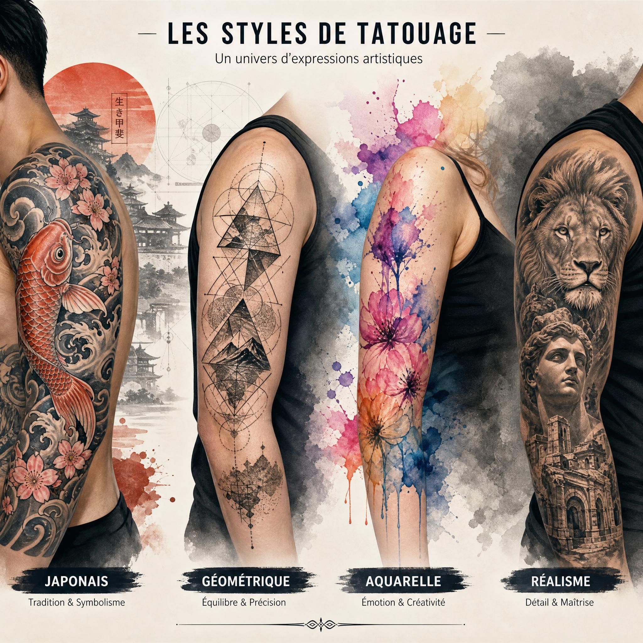 Illustration illustrative représentant une diversité de styles de tatouage — japonais, géométrique, aquarelle, réalisme — disposés comme un panorama artistique coloré