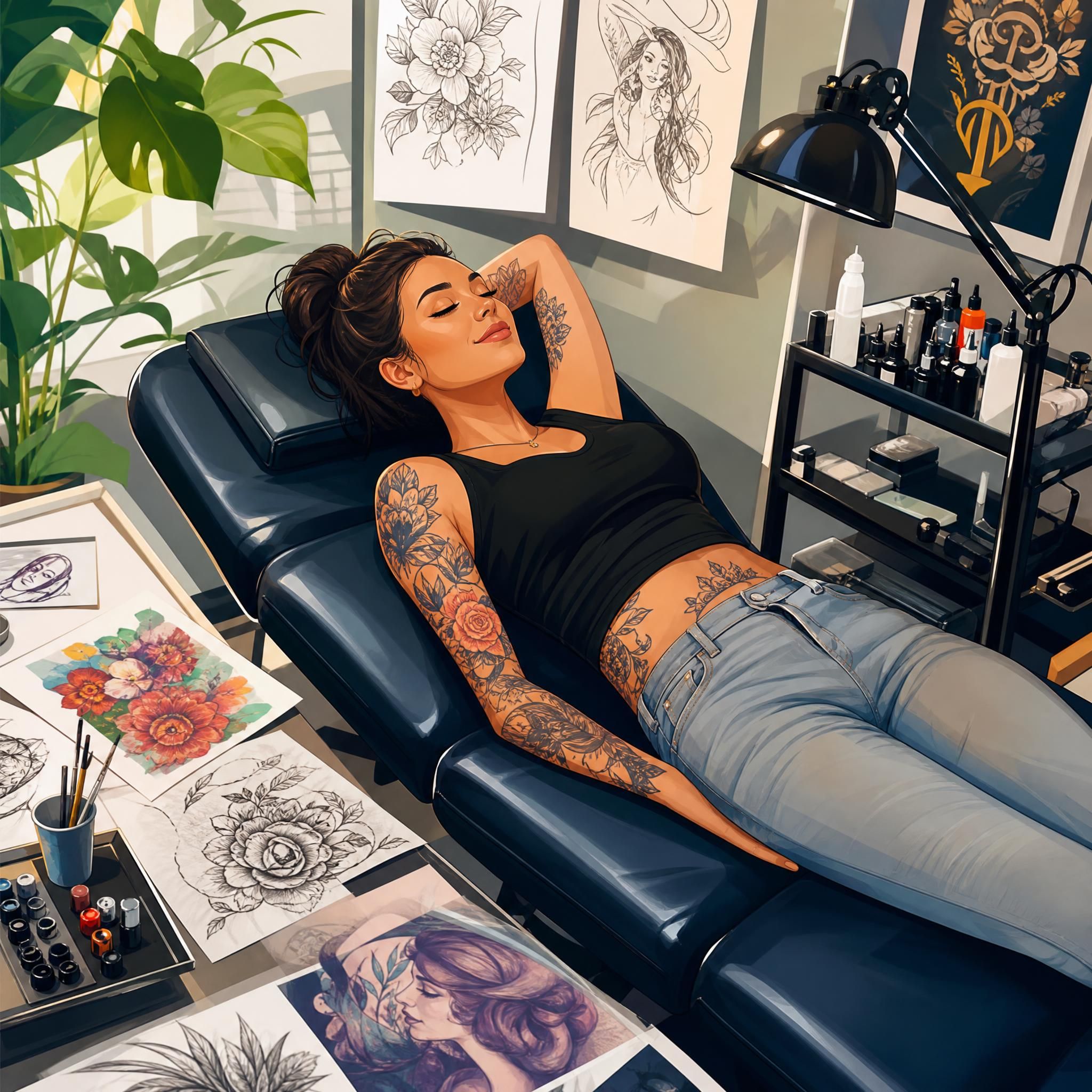 Illustration illustrative et colorée d'une personne détendue allongée sur une table de tatouage, entourée d'éléments artistiques comme des croquis et des références, style graphique sans texte