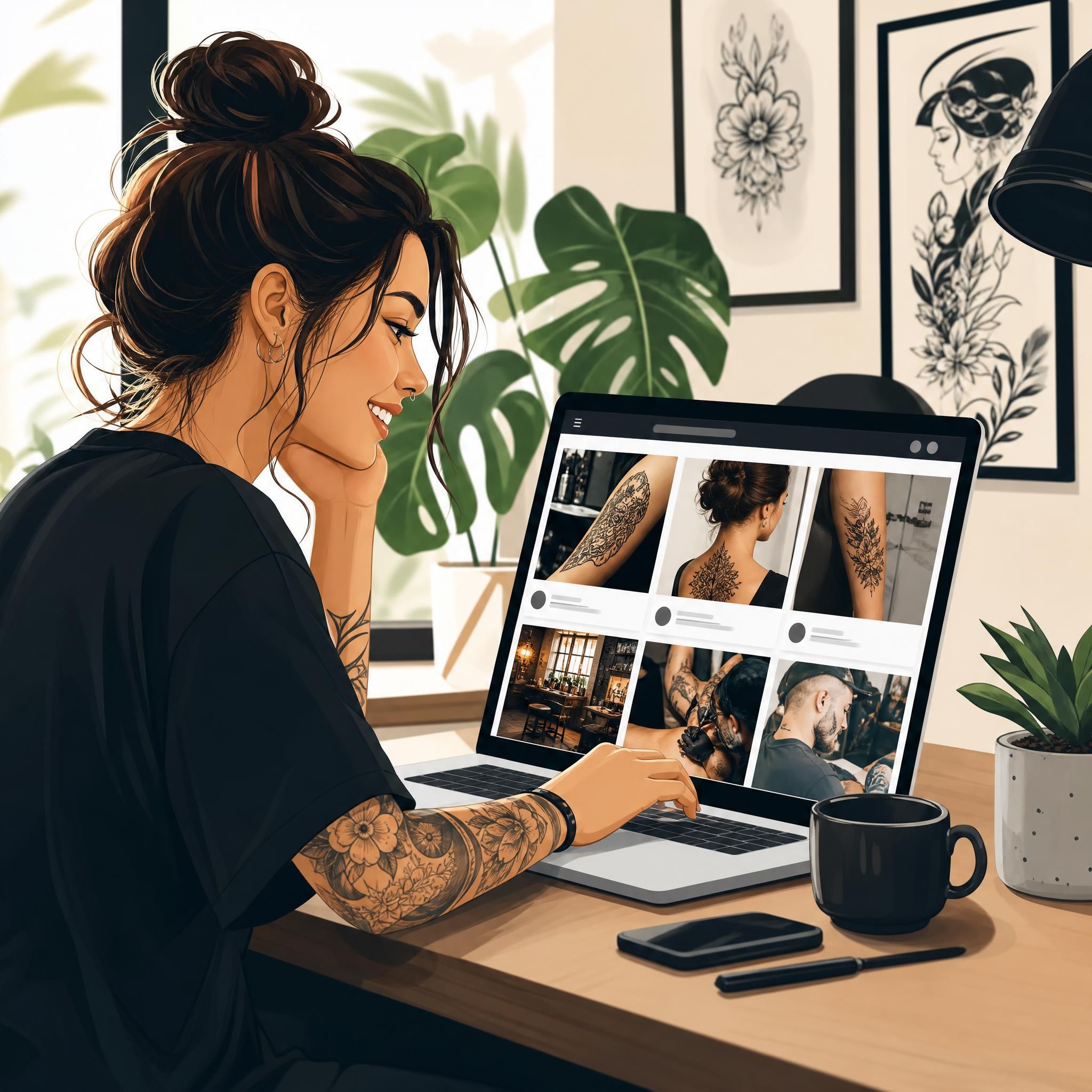 Illustration dynamique et inspirante d'une personne souriante qui consulte une plateforme en ligne pour trouver un tatoueur, style illustratif moderne sans texte