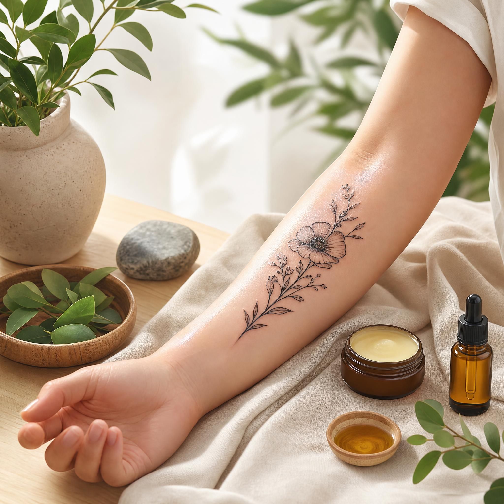 illustration douce et apaisante d'un tatouage récent sur l'avant-bras avec des produits de soin naturels posés à côté, style illustratif sans texte