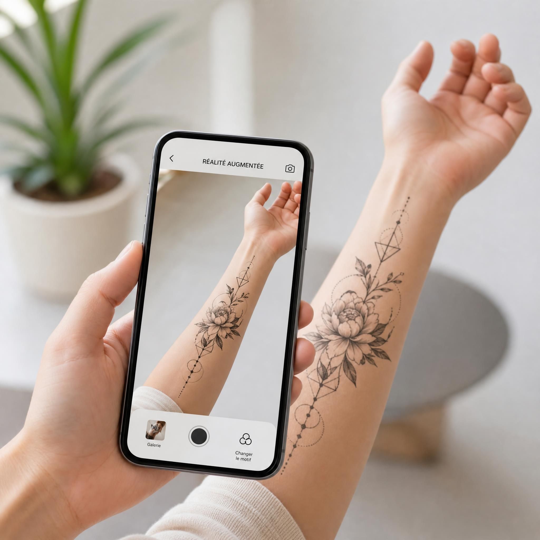 illustration d'une main tenant un smartphone avec un rendu de tatouage en réalité augmentée sur l'avant-bras, style moderne et épuré