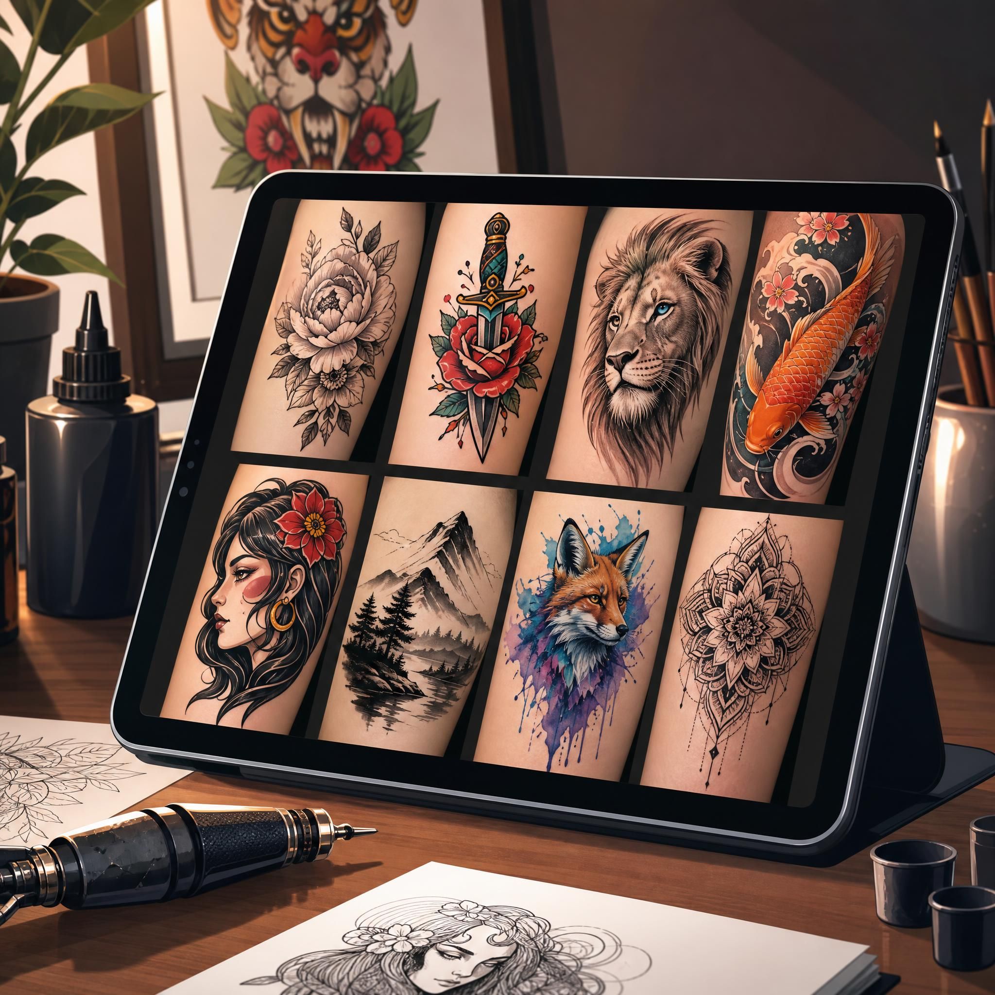 Illustration d'un portfolio de tatoueur avec des exemples de styles variés présentés sur une tablette, style illustratif coloré sans texte