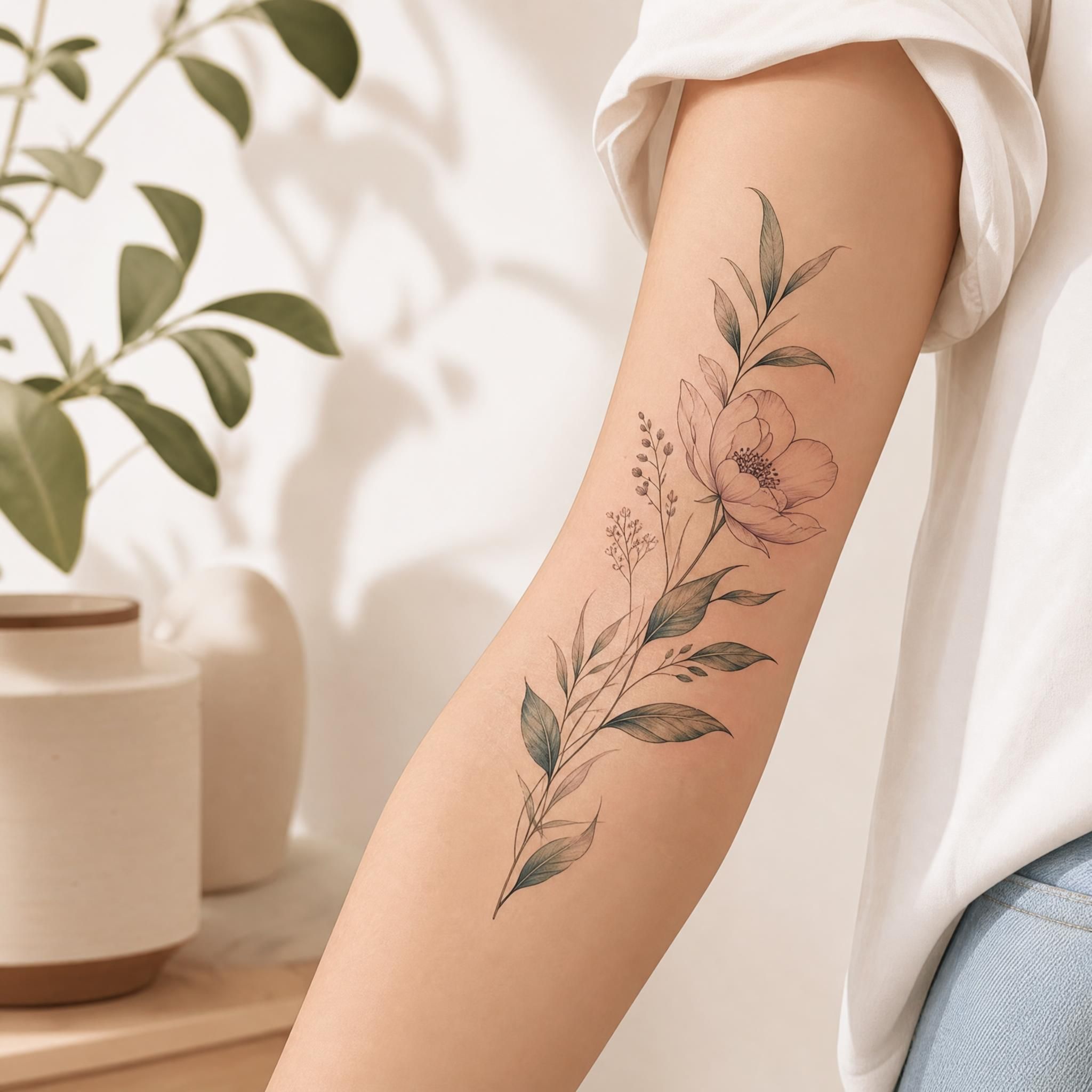 Illustration apaisante d'un bras tatoué avec un motif floral botanique en cours de cicatrisation, style illustratif doux, sans texte