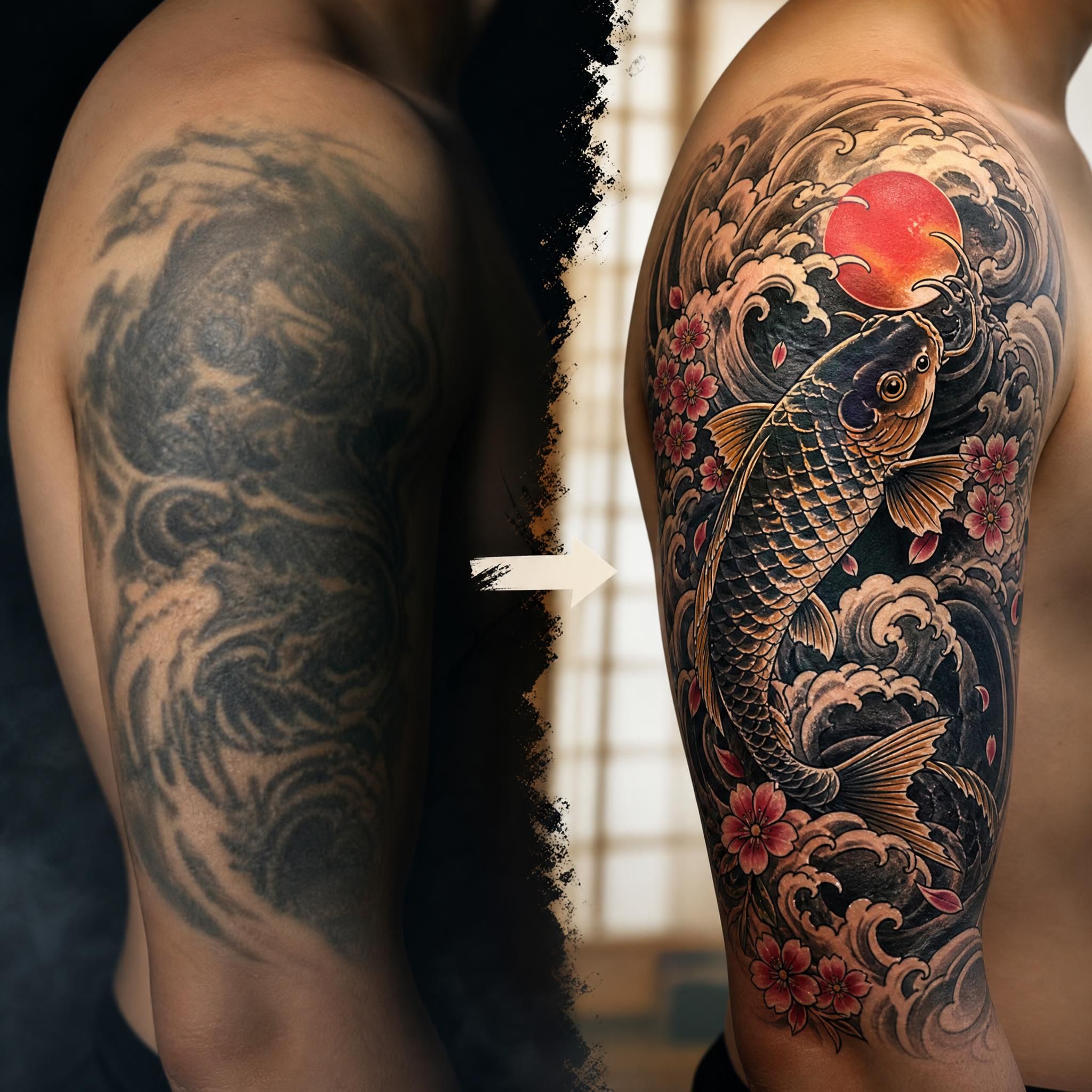 Illustration illustrative montrant une transformation de tatouage, avec un avant sombre et flou et un après lumineux et détaillé en style japonais, sans texte