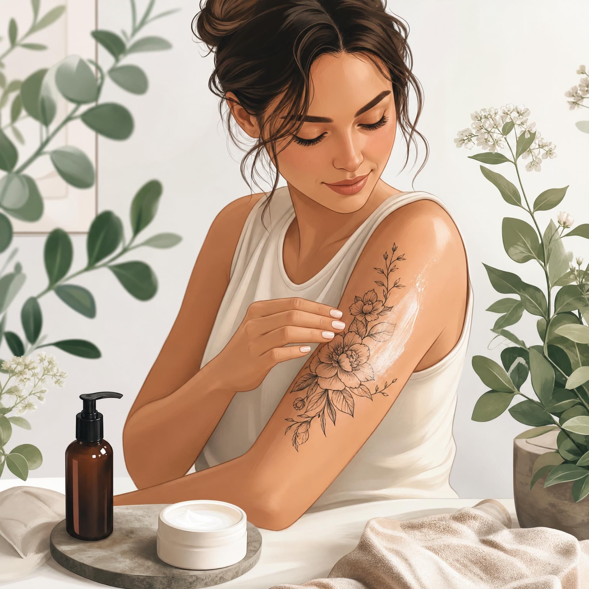 Illustration apaisante montrant une personne appliquant une crème hydratante sur un tatouage frais, entourée d'éléments botaniques doux, style illustratif sans texte