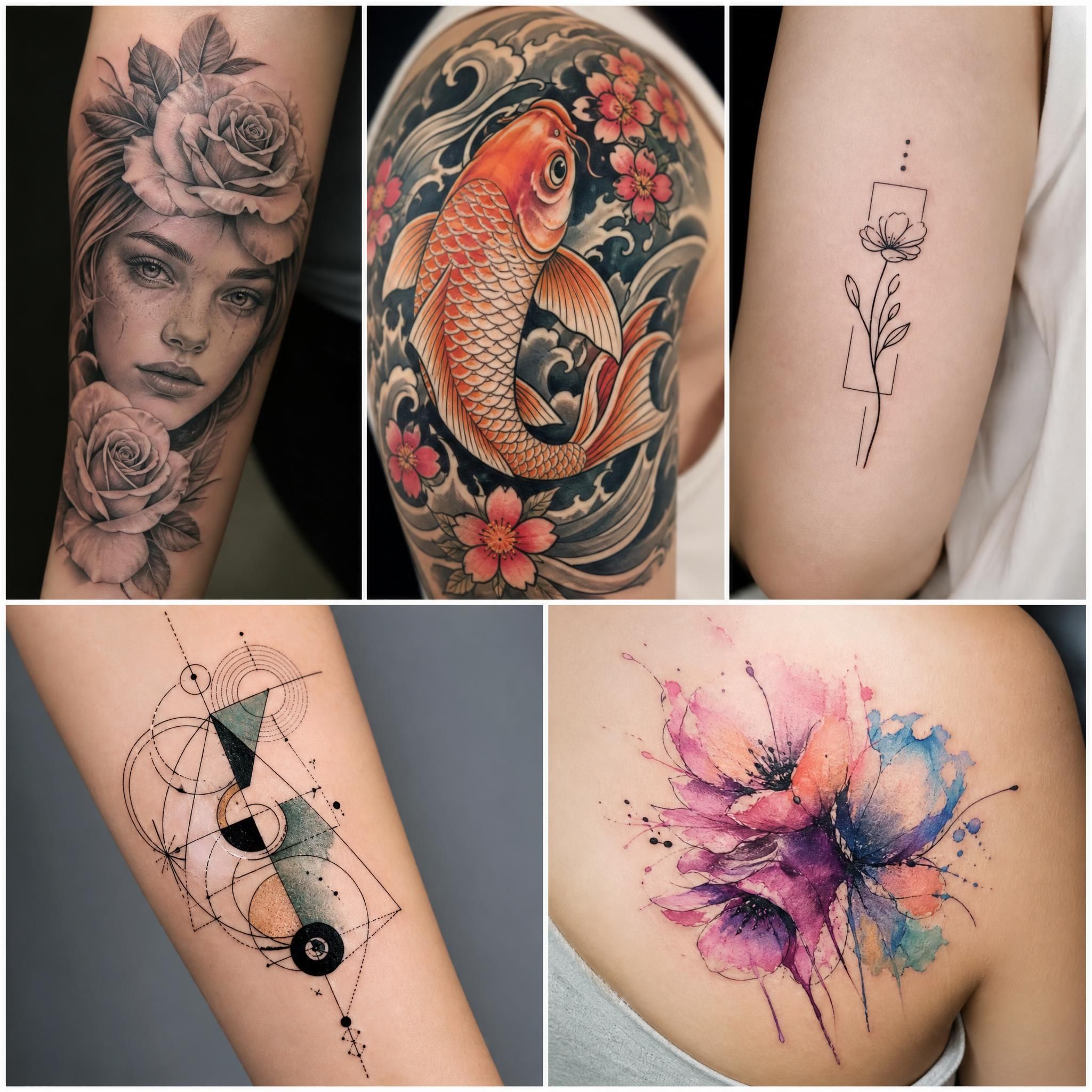 Illustration montrant une mosaïque de styles de tatouage différents - réalisme, japonais, minimaliste, géométrique, aquarelle - présentés comme des vignettes artistiques colorées, sans texte