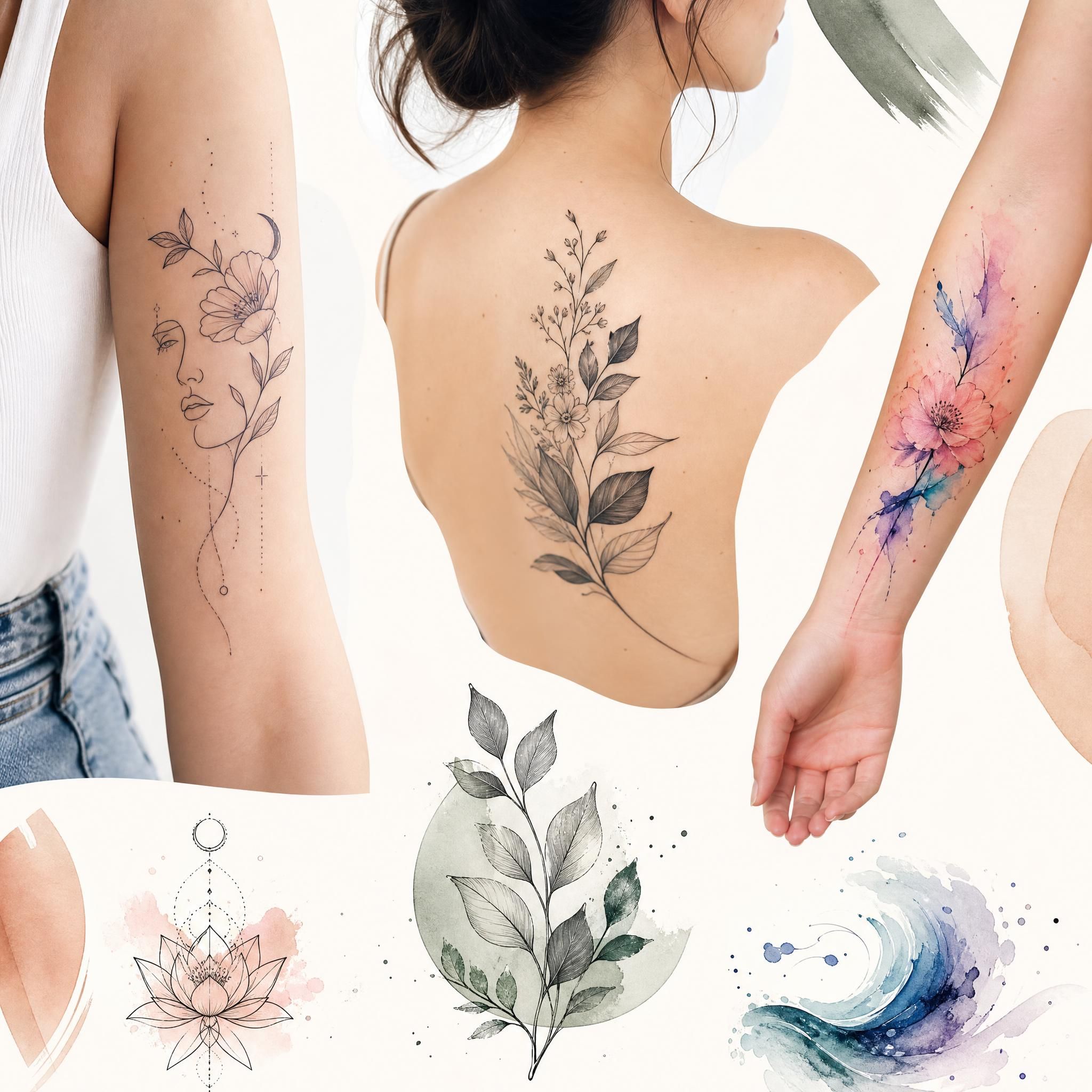 Illustration colorée et moderne de différents styles de tatouage tendance en 2026 – fine line, botanique, aquarelle – sur fond clair, sans texte